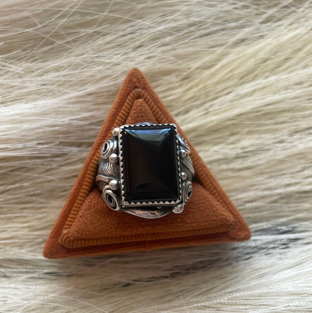 Navajo Sterling Silver & Black Onyx Rectangluar Ring Size 9.5