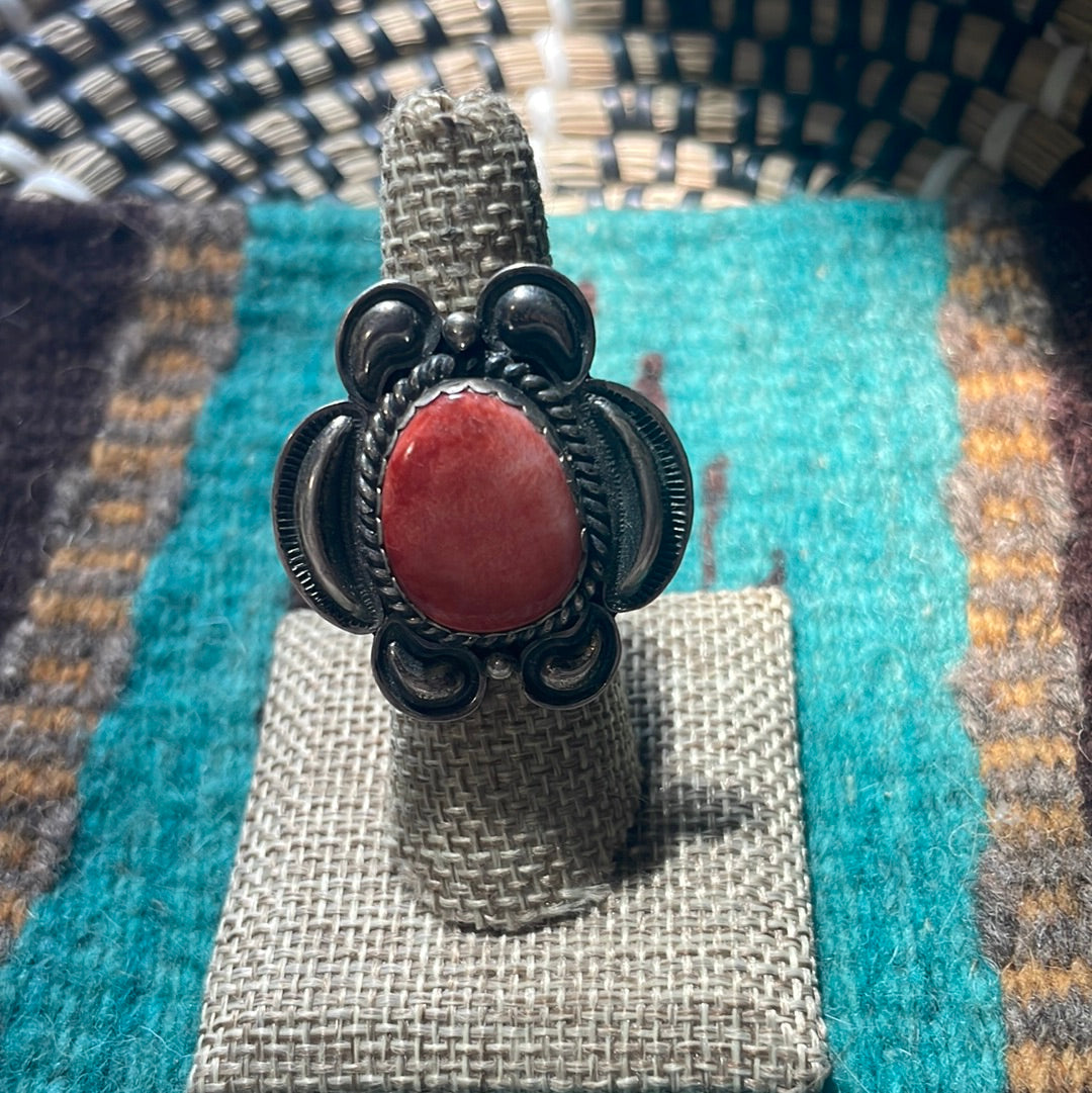 Navajo Red Spiny & Sterling Silver Ring Size 7 Signed Kirk Smith