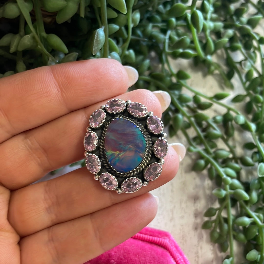 Nizhoni Handmade Arora Opal, Pink Cz And Sterling Silver Adjustable Ring