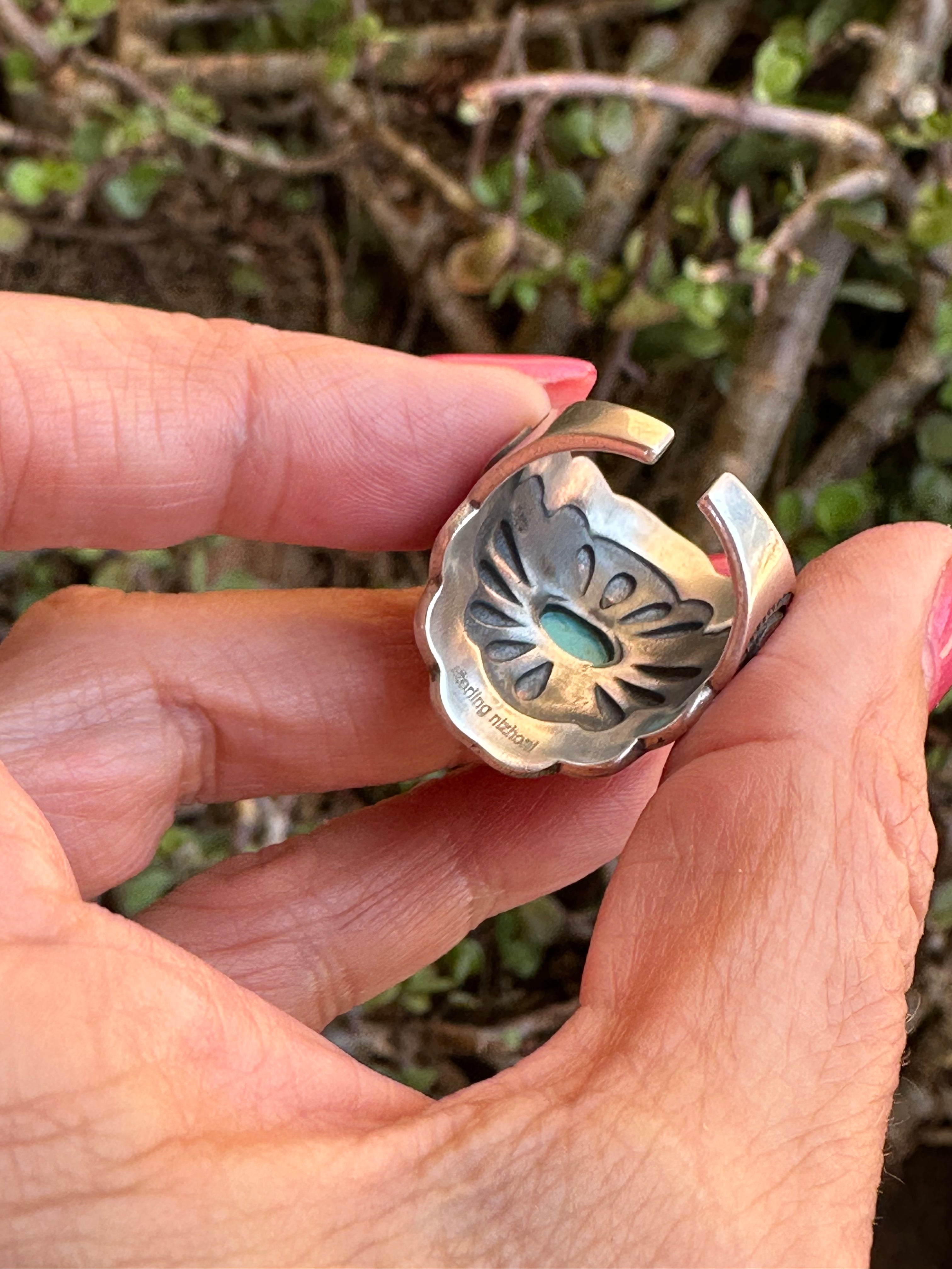 Beautiful Concho Handmade Turquoise And Sterling Silver Adjustable Ring