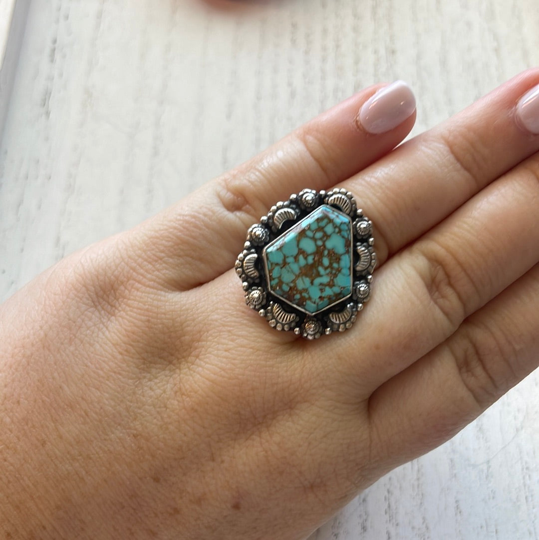 Handmade Sterling Silver & Number 8 Turquoise Adjustable Ring Signed Nizhoni