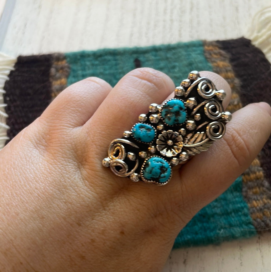 Navajo Sterling Silver & Turquoise Flower Ring Size 12