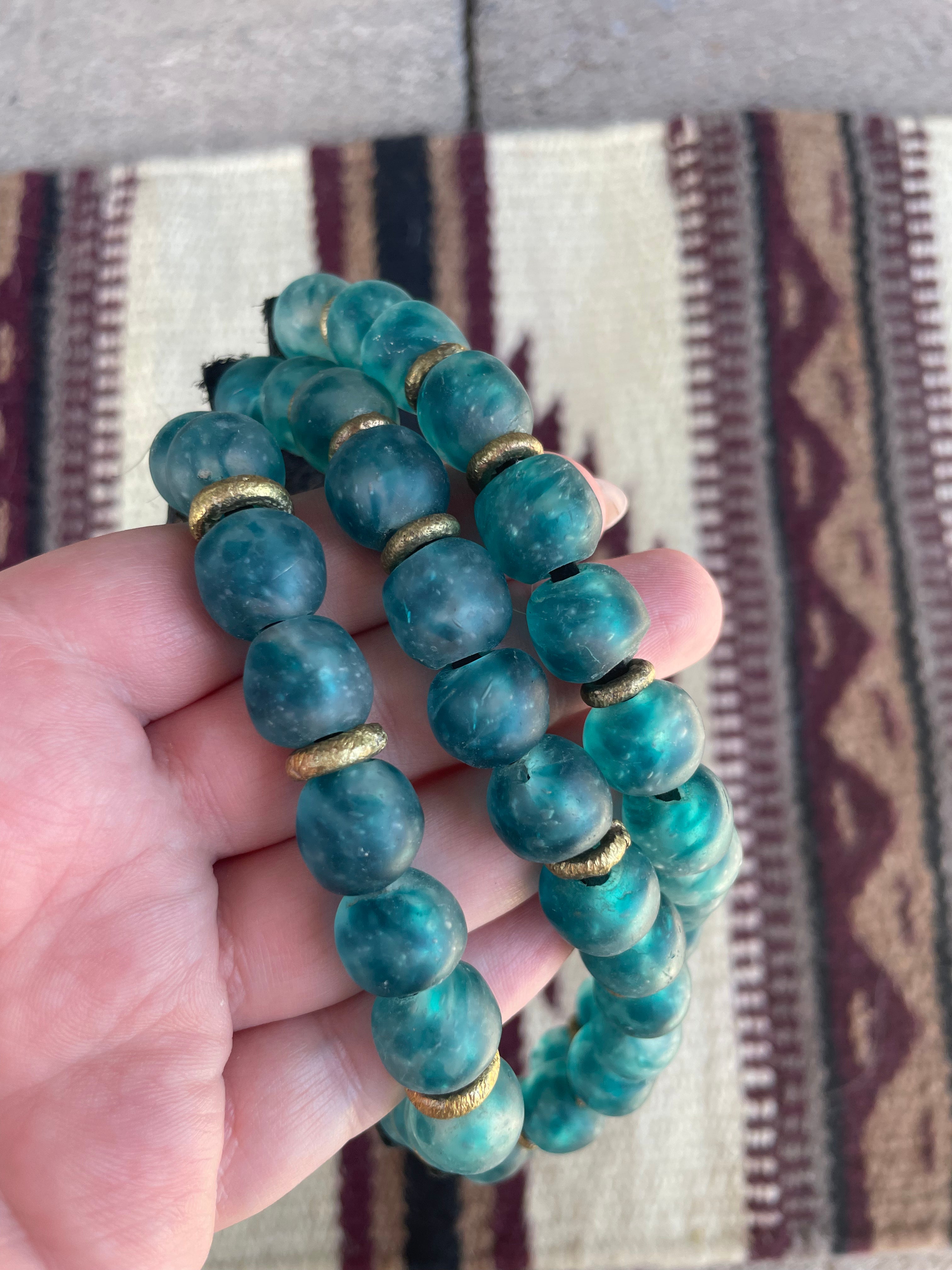 Handmade Recycled Glass 3 Strand Blue Beaded Necklace