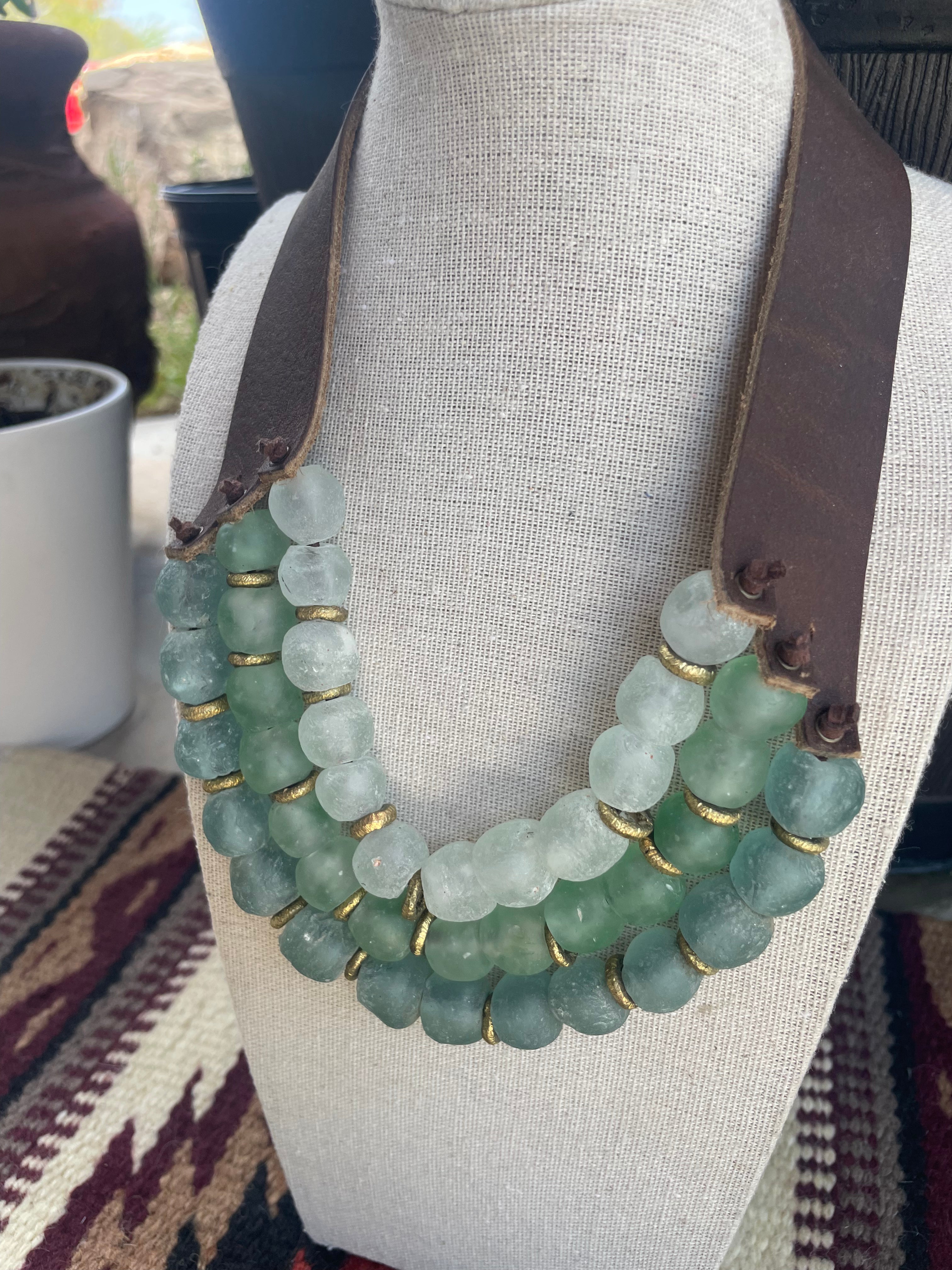 Handmade Recycled Glass 3 Strand Green Beaded Necklace