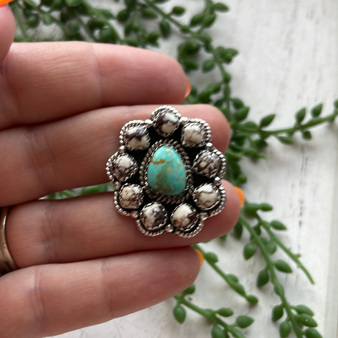 Nizhoni Handmade Turquoise, Wild Horse & Sterling Silver Adjustable Flower Ring