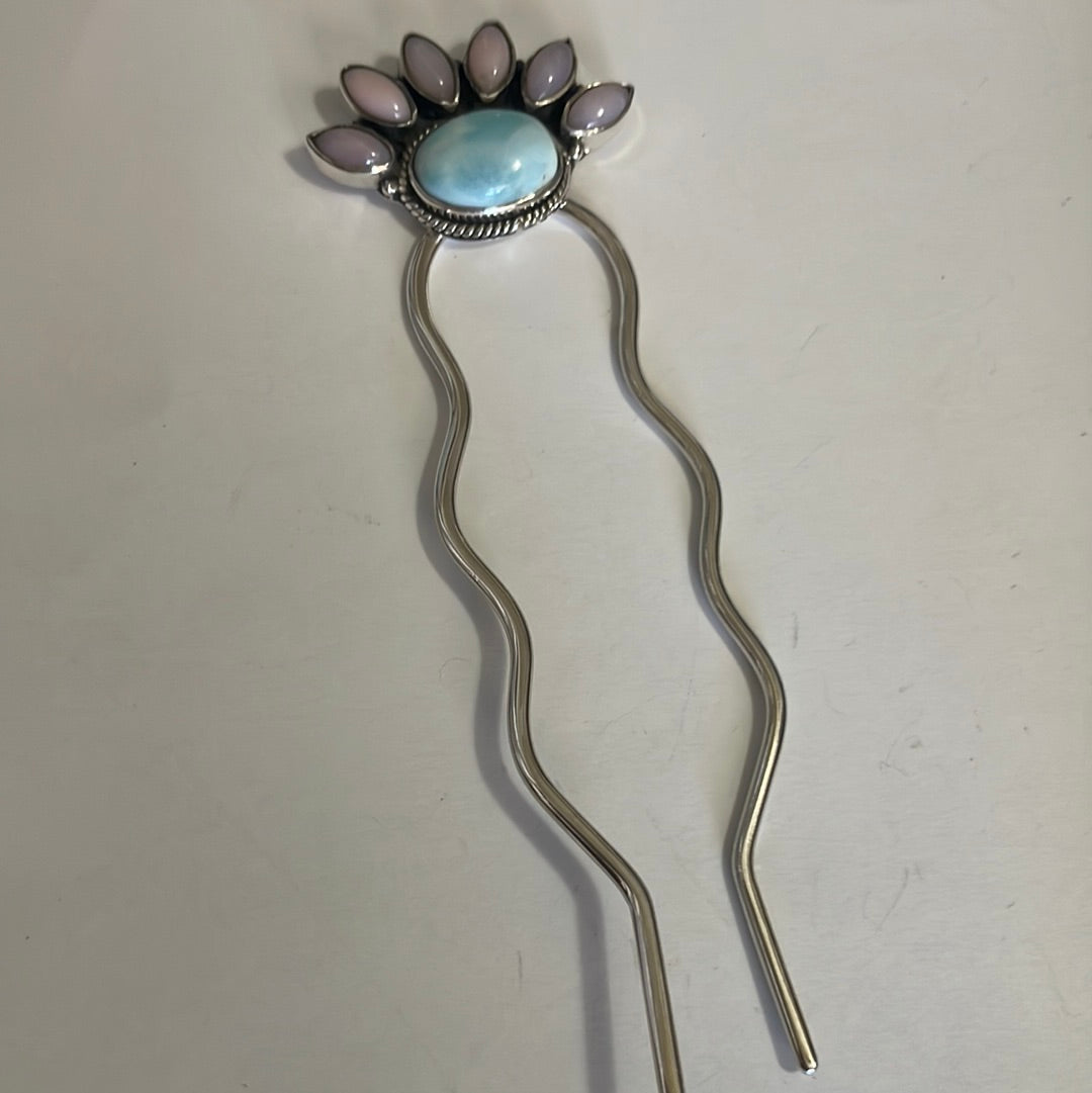 Handmade Larimar, Pink Conch & Sterling Silver Hair Pin