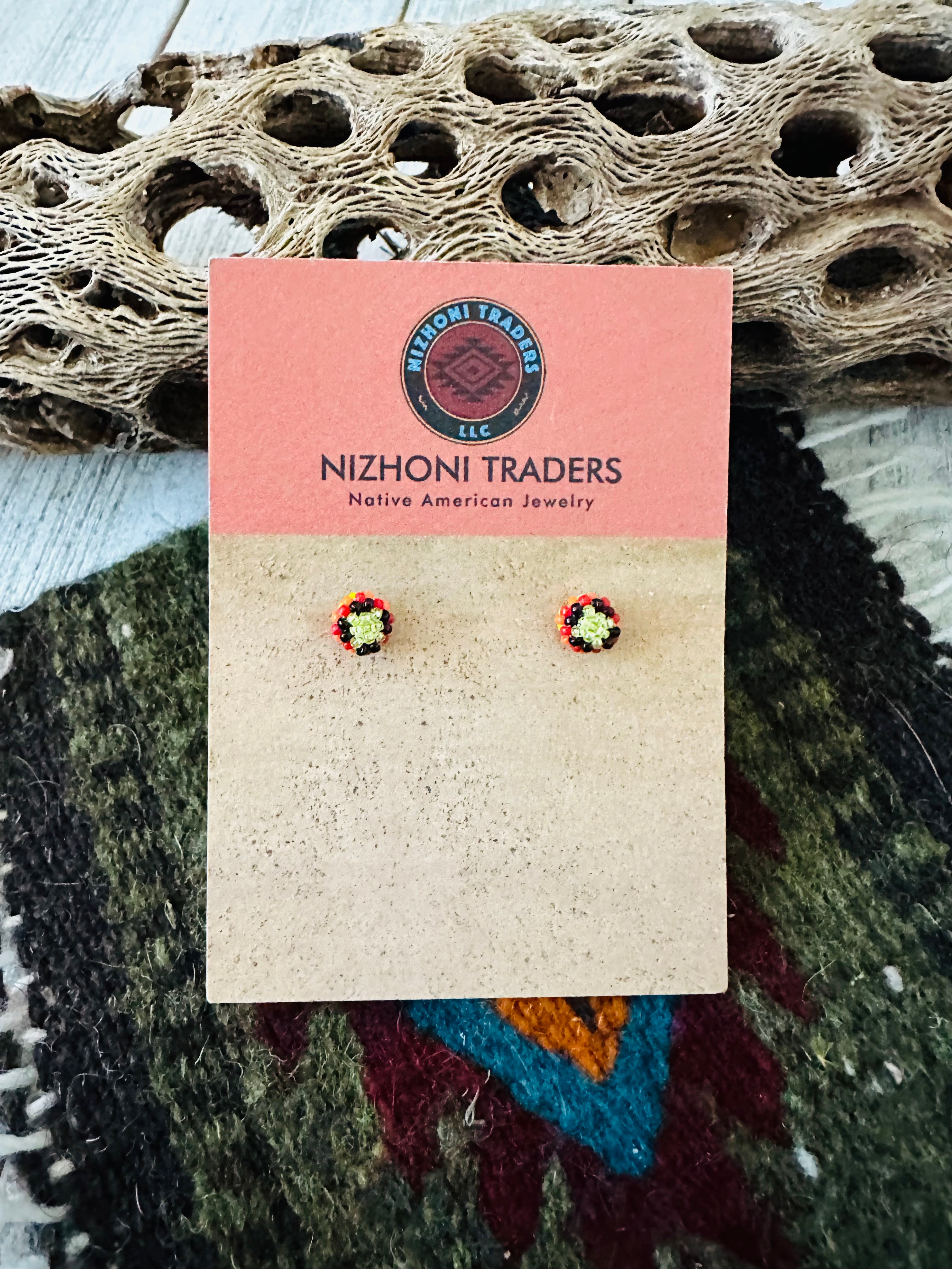 Navajo Handmade Beaded Stud Earrings- yellow