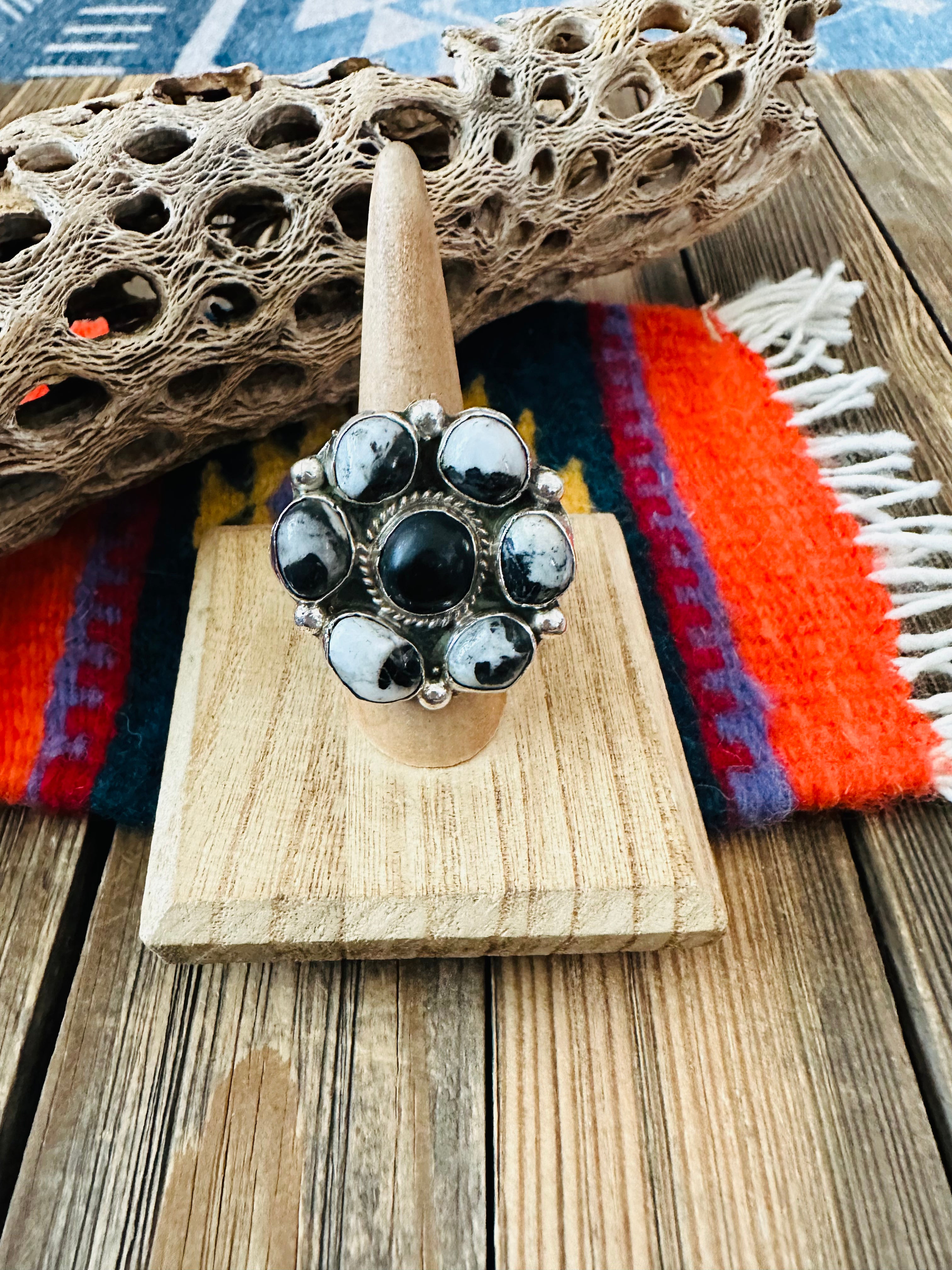 Navajo Sterling Silver And White Buffalo Cluster Adjustable Ring