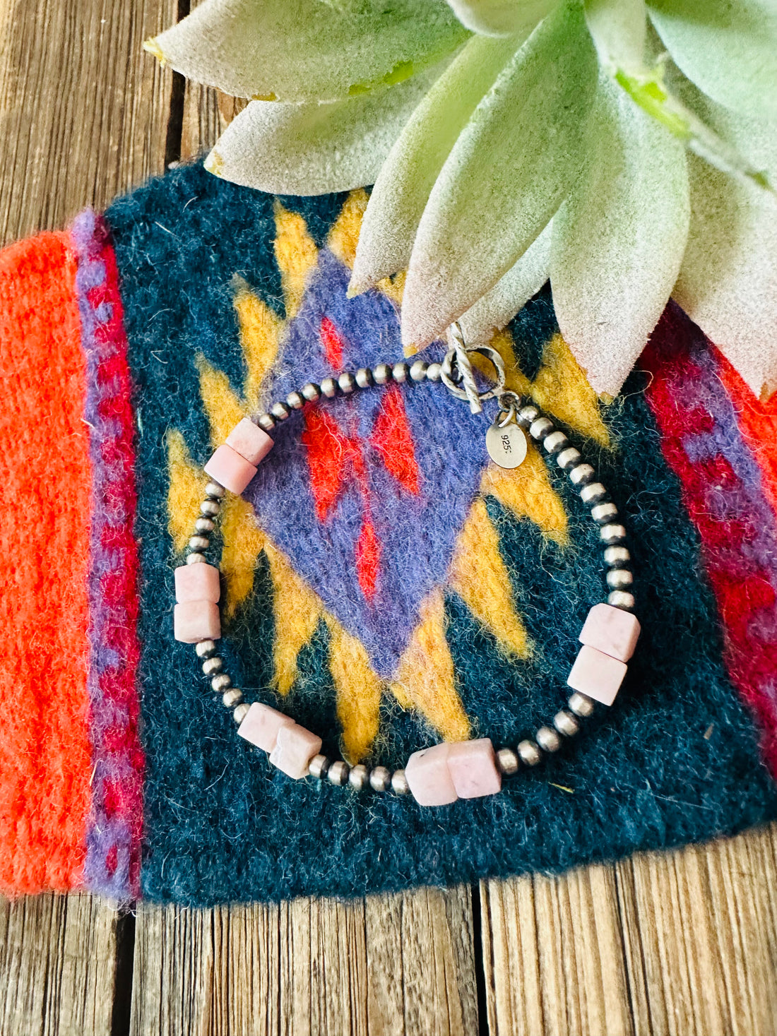 Handcrafted Queen Pink Conch Shell & Sterling Silver Beaded Bracelet