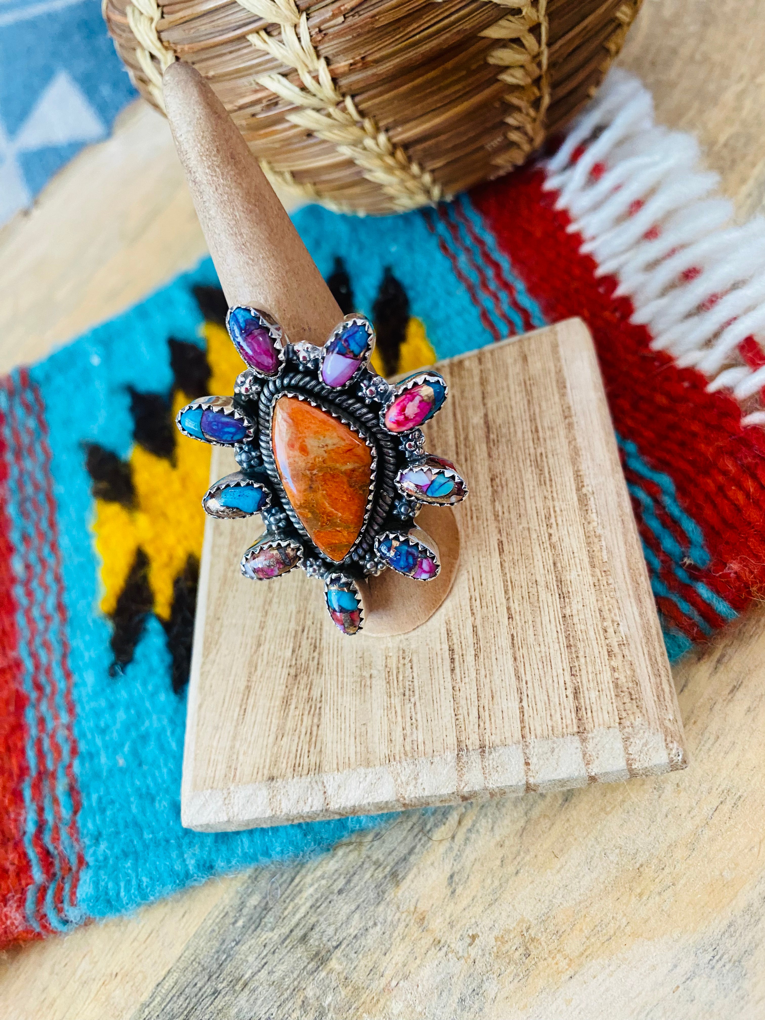 Handmade Sterling Silver, Pink Dream & Orange Mojave Cluster Adjustable Ring