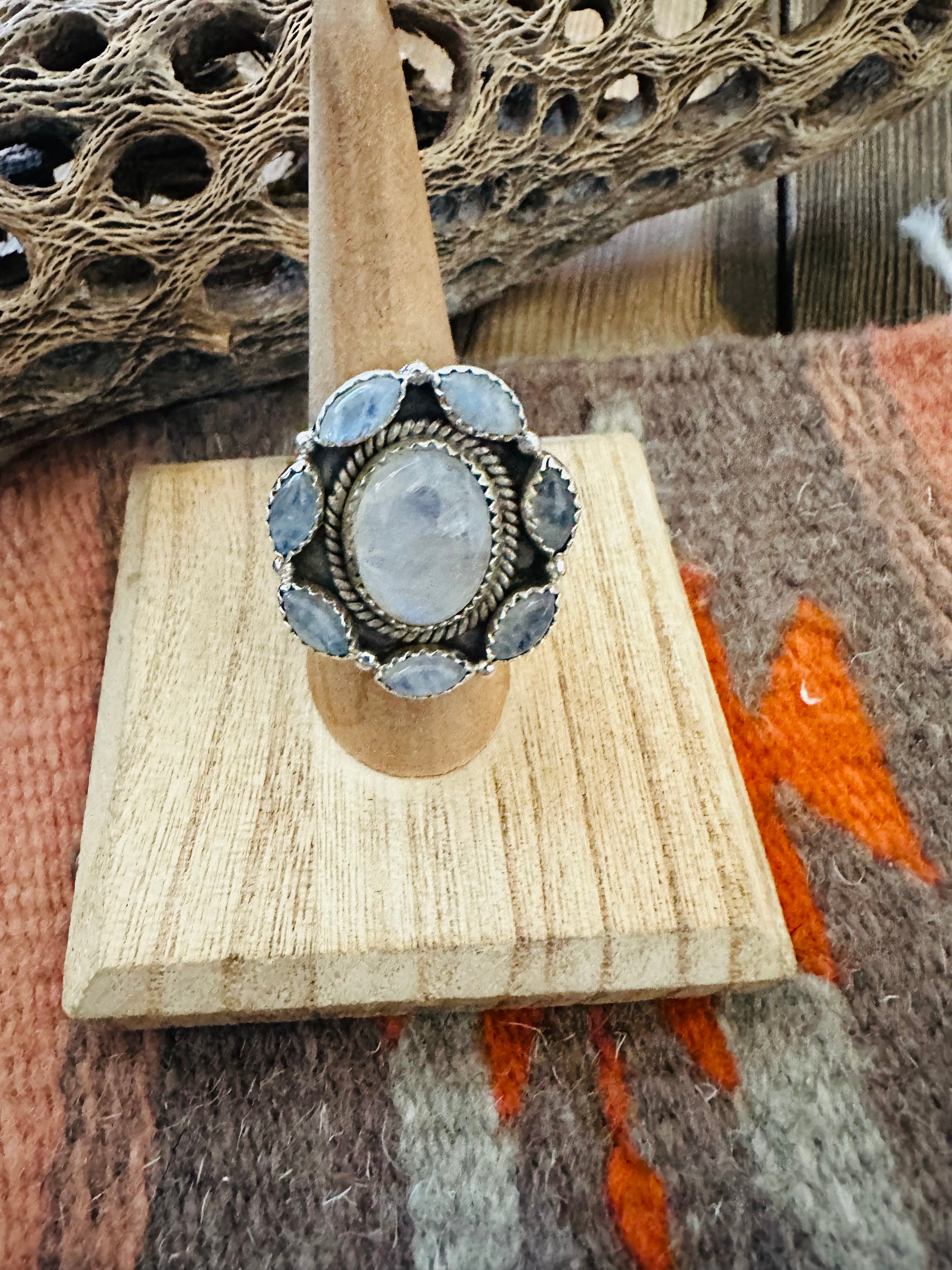 Handmade Sterling Silver & Moon Stone Cluster Adjustable Ring