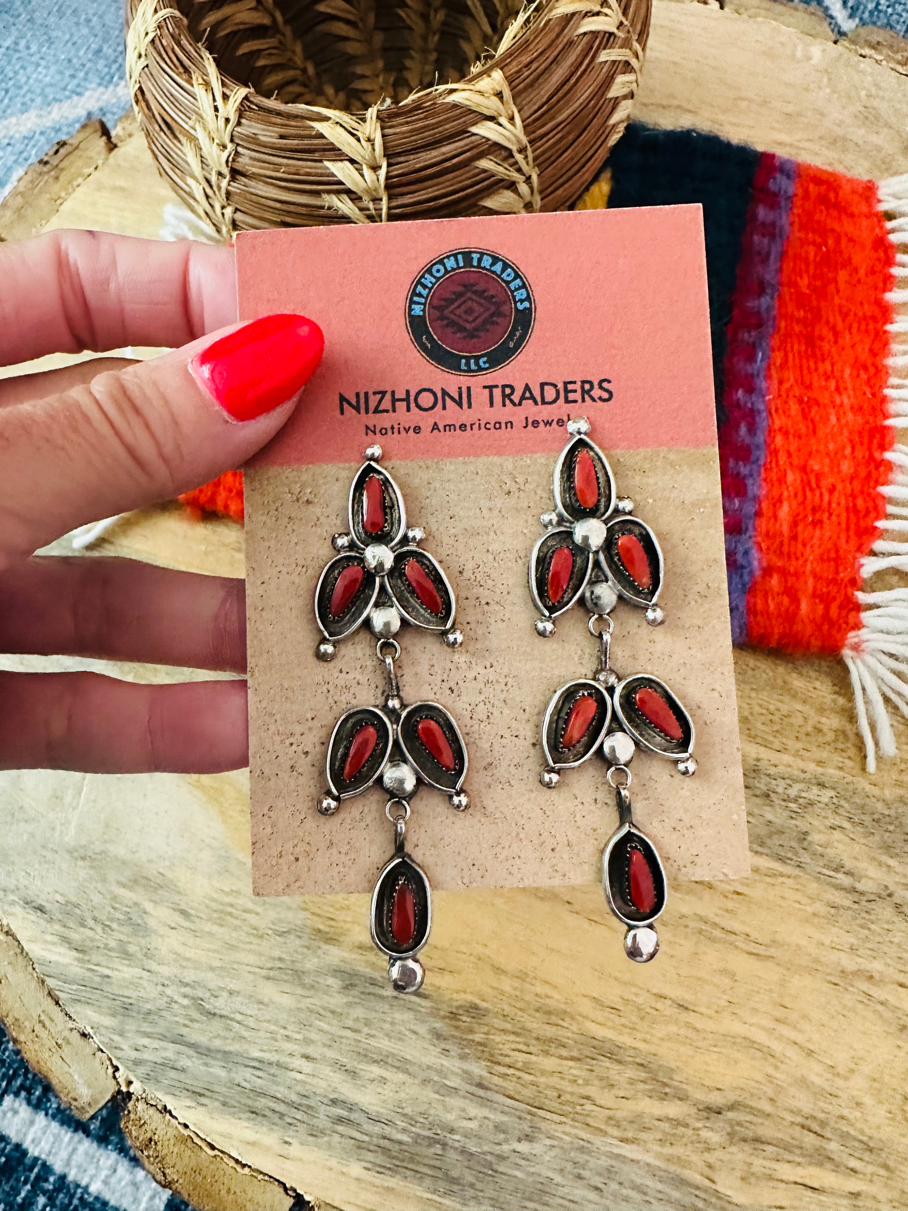 Navajo Coral & Sterling Silver Dangle Earrings