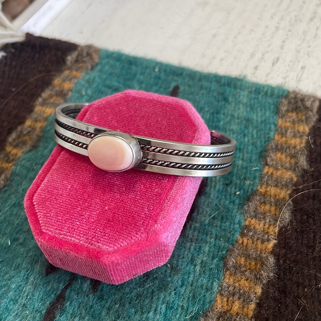 Navajo Pink Conch & Sterling Silver Adjustable Oval Cuff Bracelet Signed Tahe