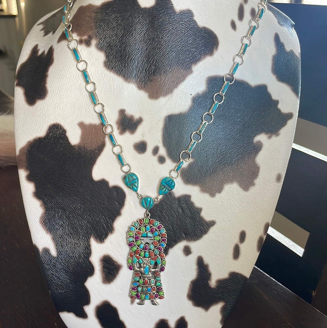 Gorgeous Handmade Sterling Silver Multi Stone Kachina Necklace