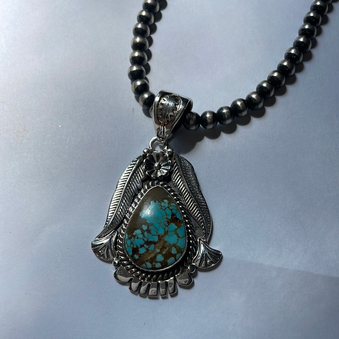 Handmade Sterling Silver & Number 8 Turquoise Pendant Signed Nizhoni