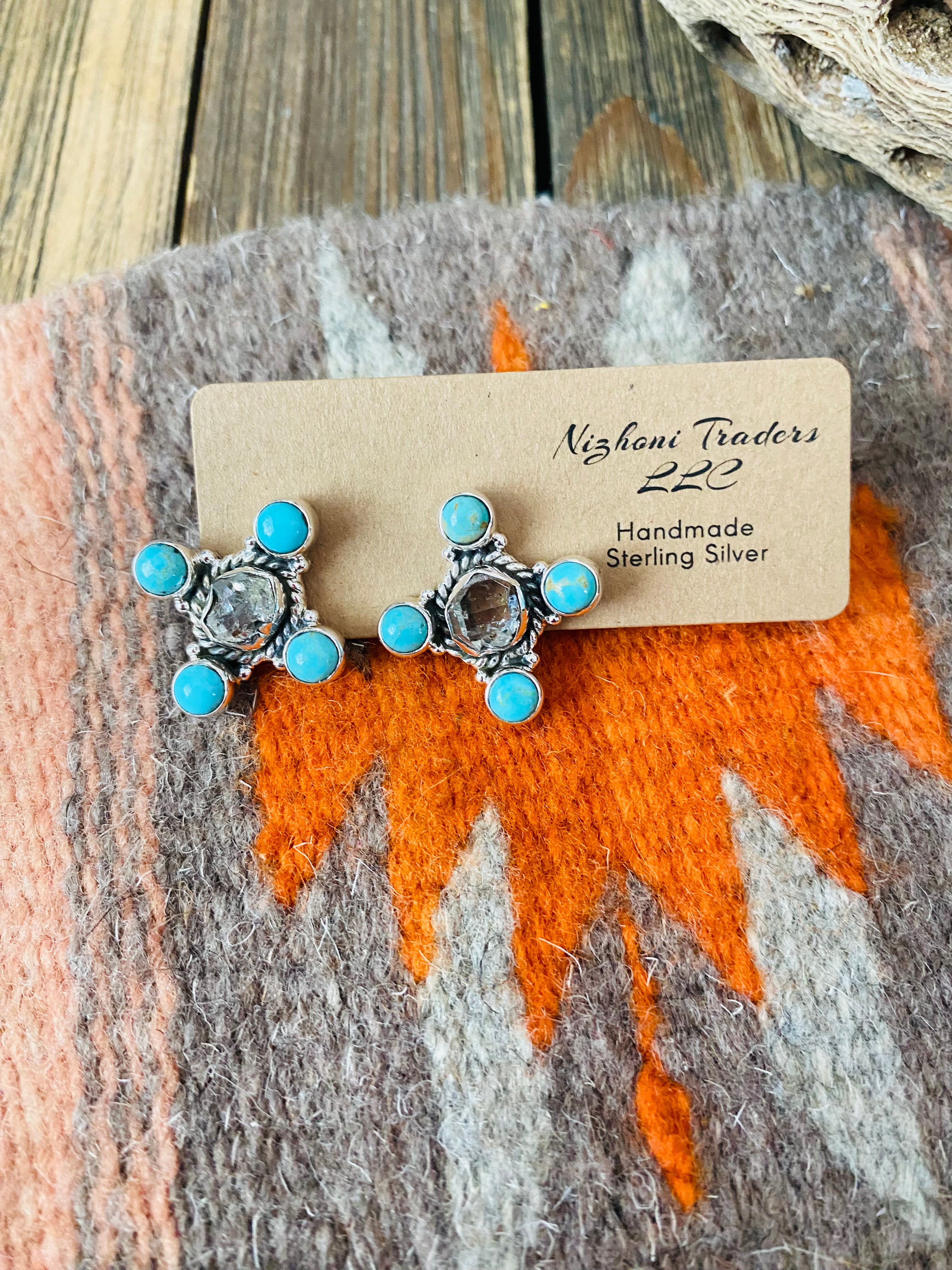 Handmade Herkimer Diamond, Turquoise & Sterling Silver Post Earrings Signed Nizhoni