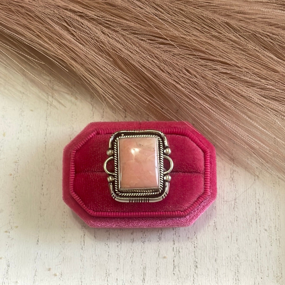 Gorgeous Navajo Pink Peruvian Opal And Sterling Silver Adjustable Ring