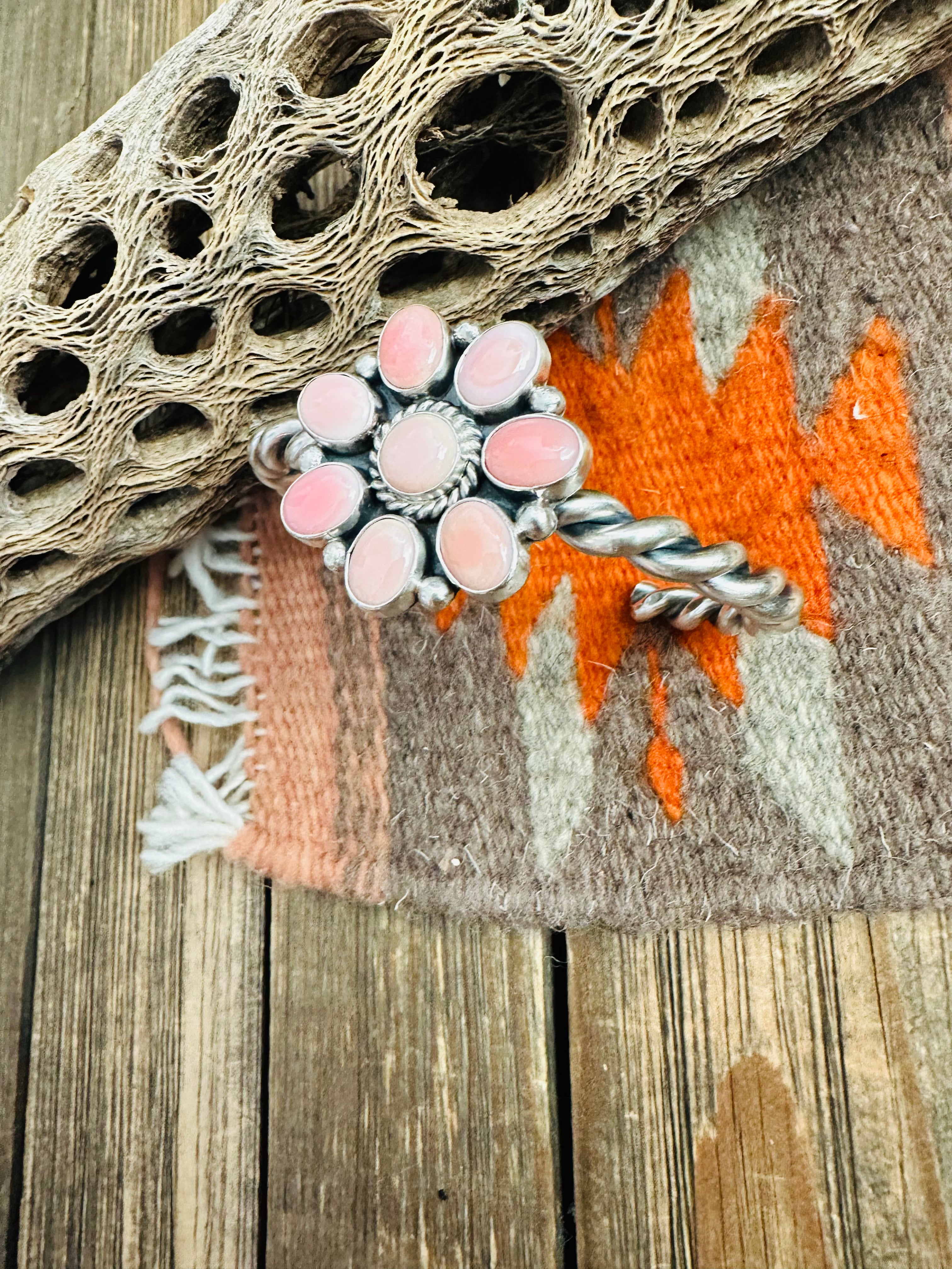 Navajo Queen Pink Conch Shell & Sterling Silver Cluster Cuff Bracelet