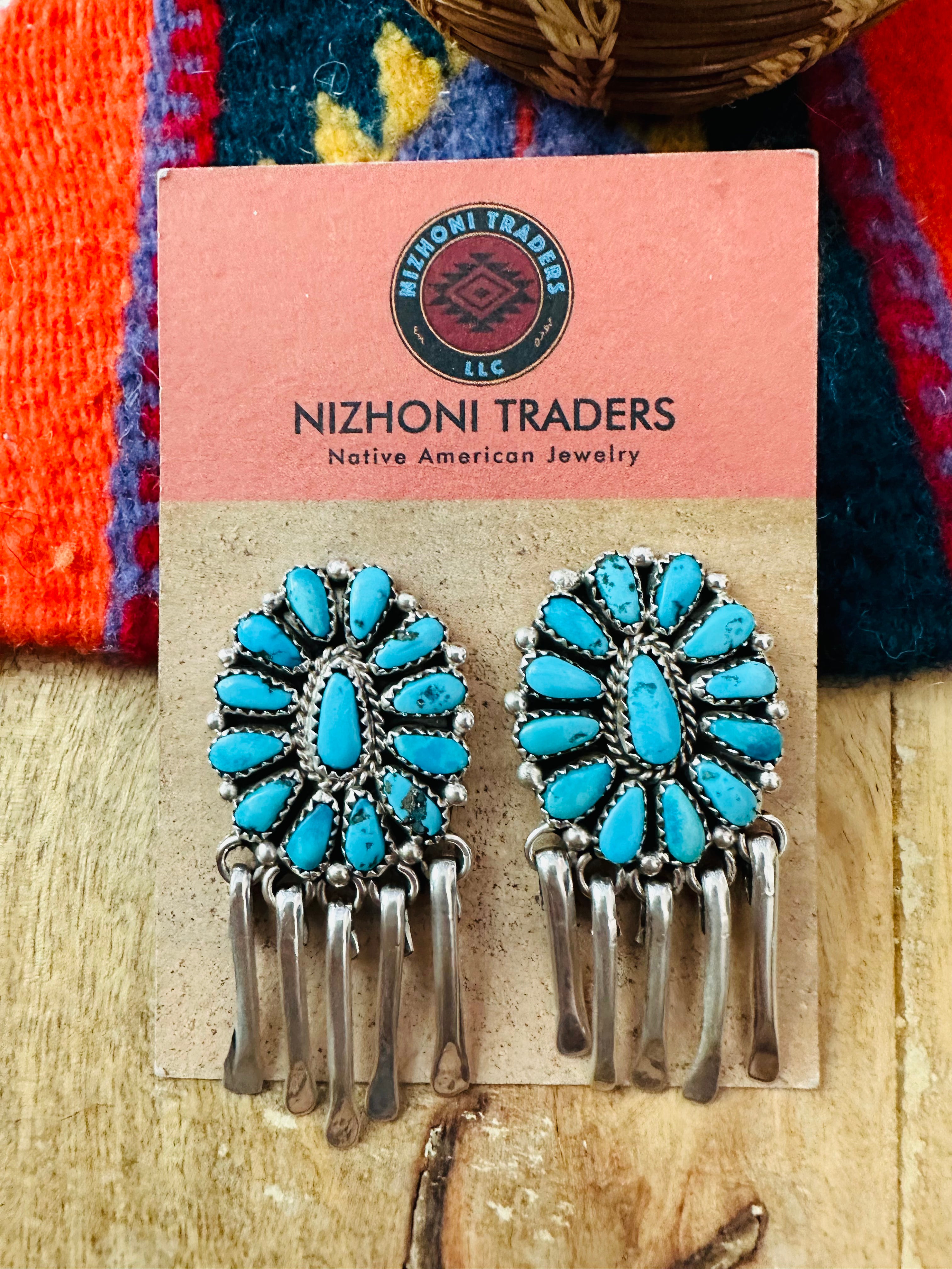 Navajo Sterling Silver & Turquoise Cluster Dangle Earrings