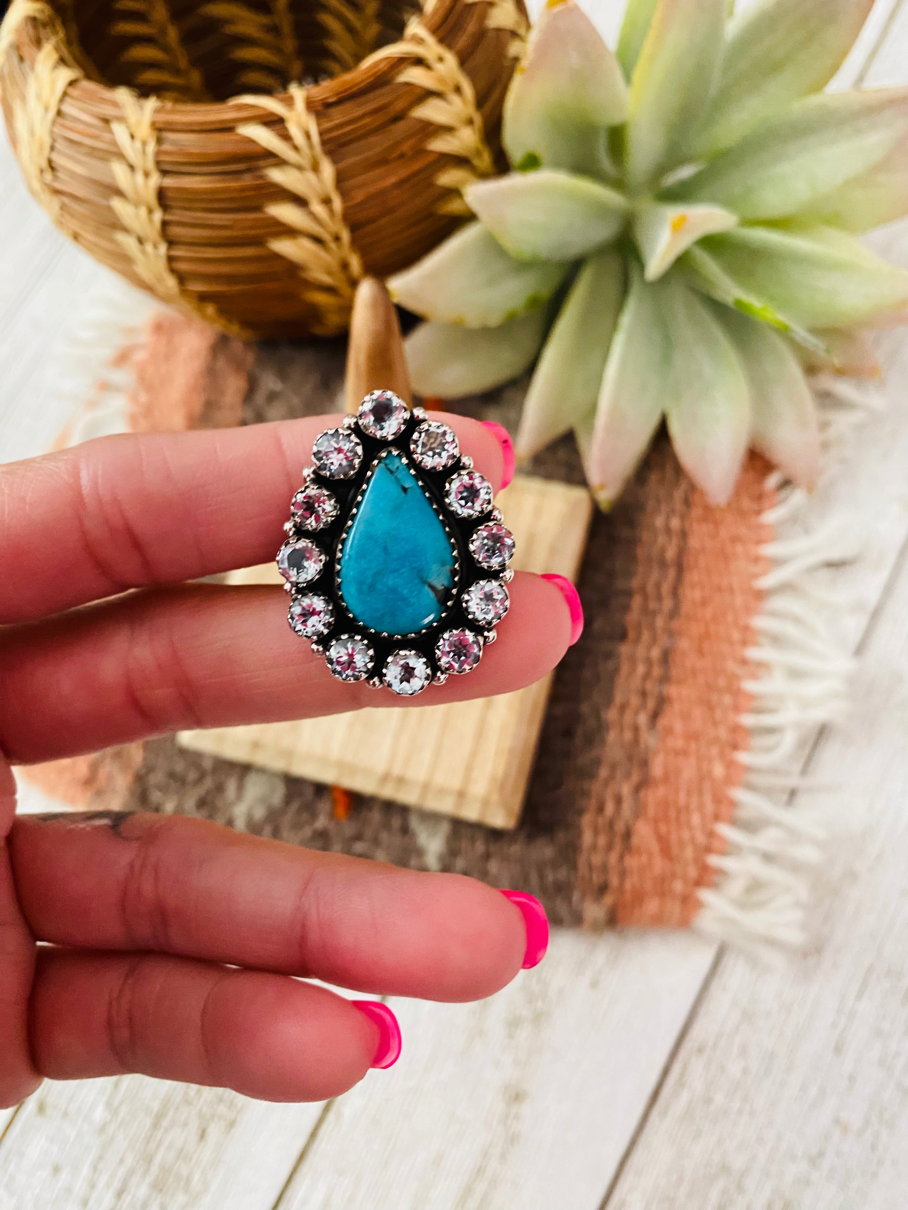 Handmade Sterling Silver, Turquoise & Topaz Cluster Adjustable Ring