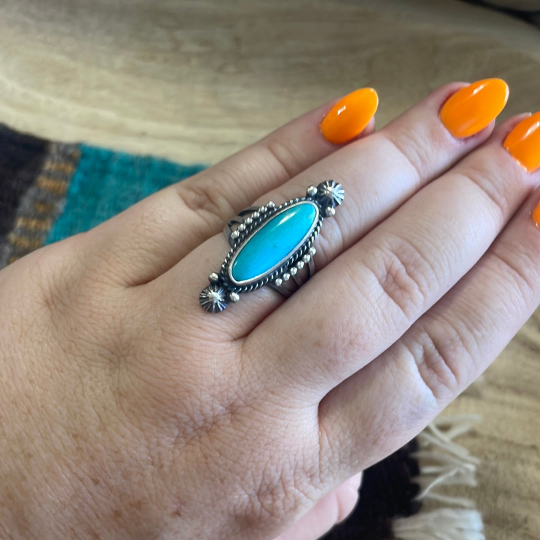 Navajo Single Stone Oval Turquoise Sterling Silver Ringqq