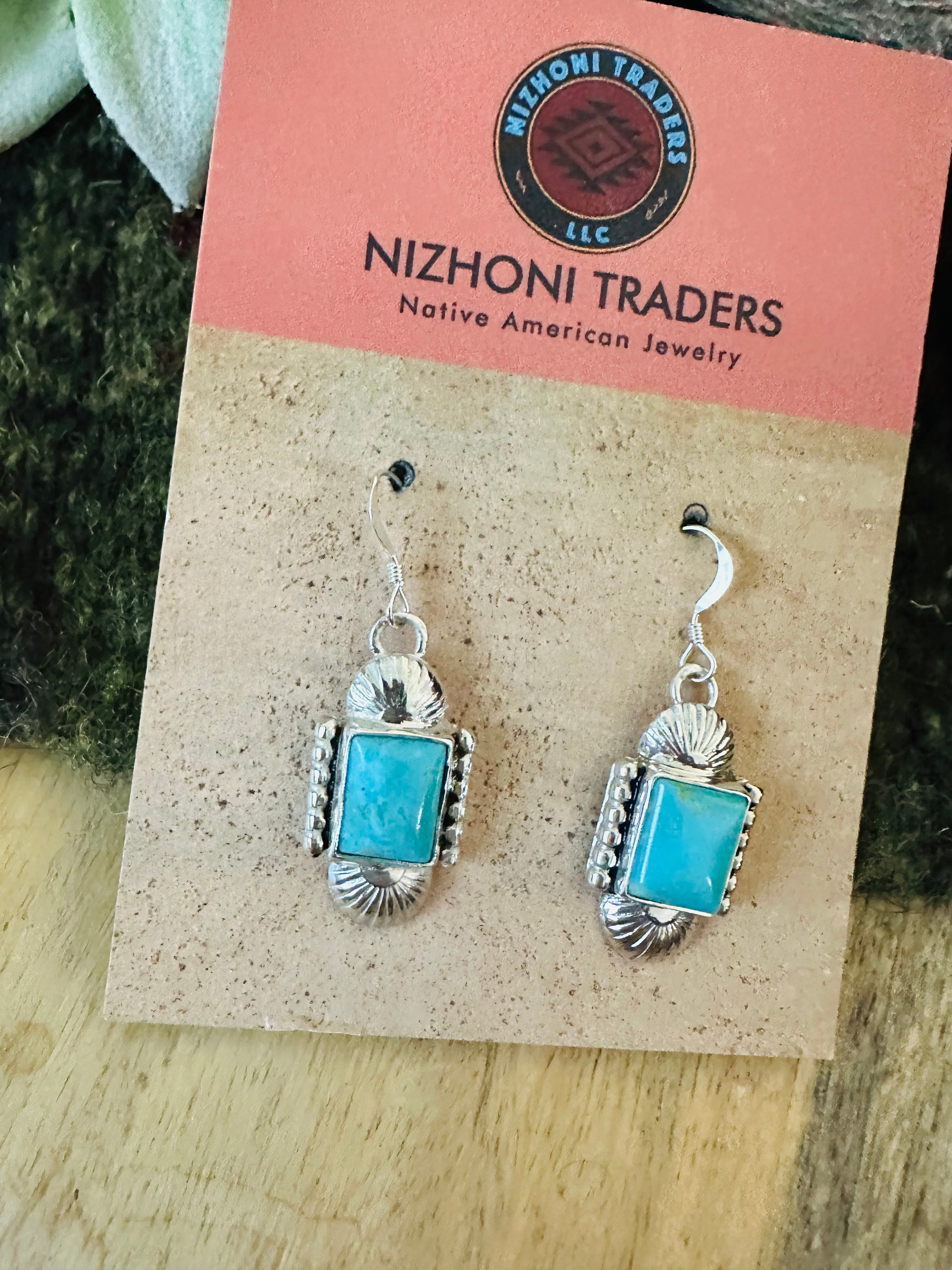 Navajo Turquoise & Sterling Silver Rectangle Dangle Earrings