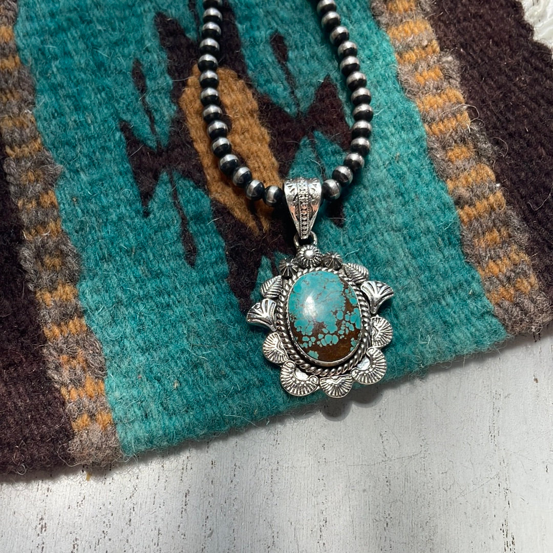 Handmade Sterling Silver & Number 8 Turquoise Pendant Signed Nizhoni