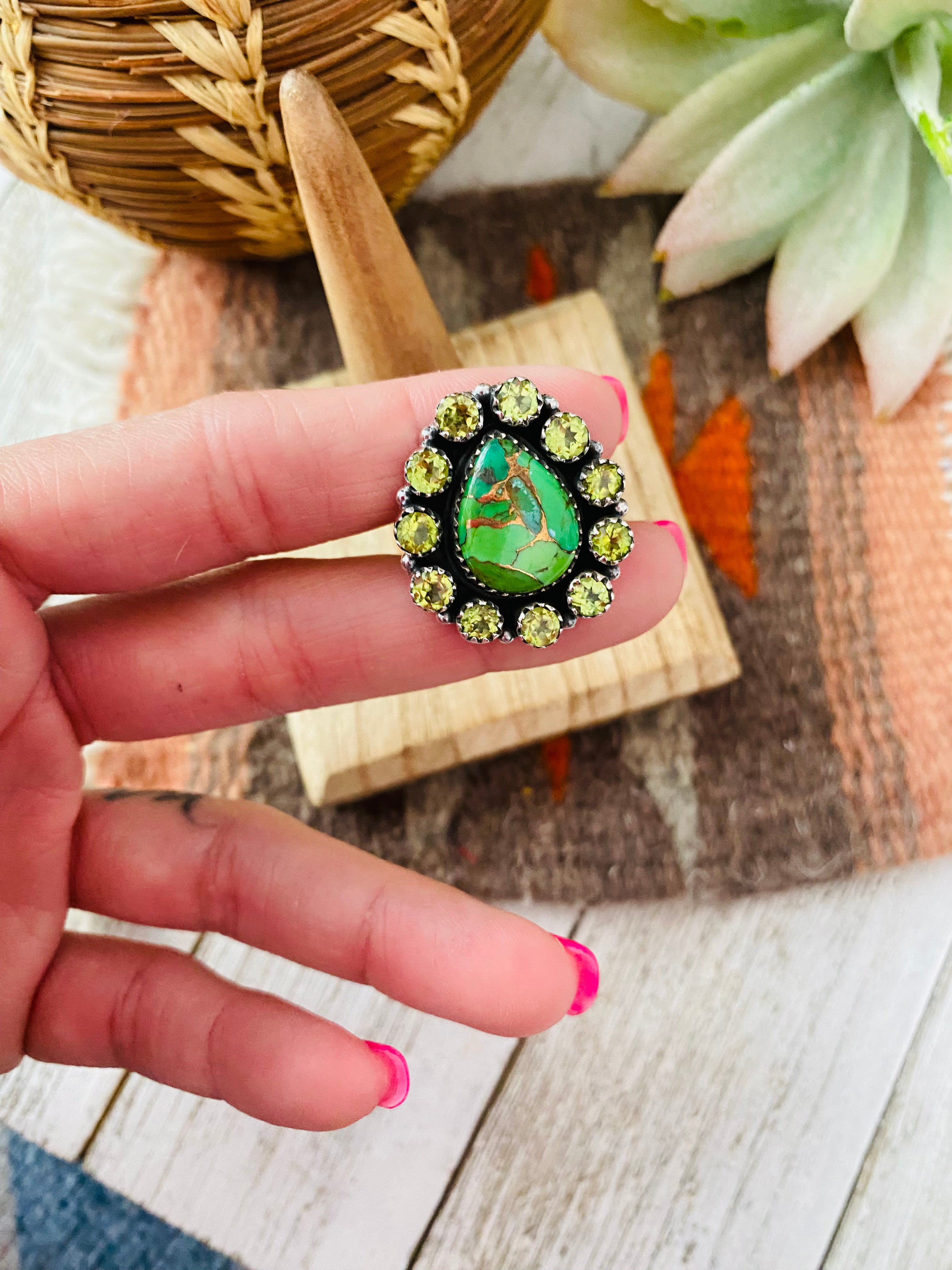 Handmade Sterling Silver, Gaspeite & Peridot Cluster Adjustable Ring