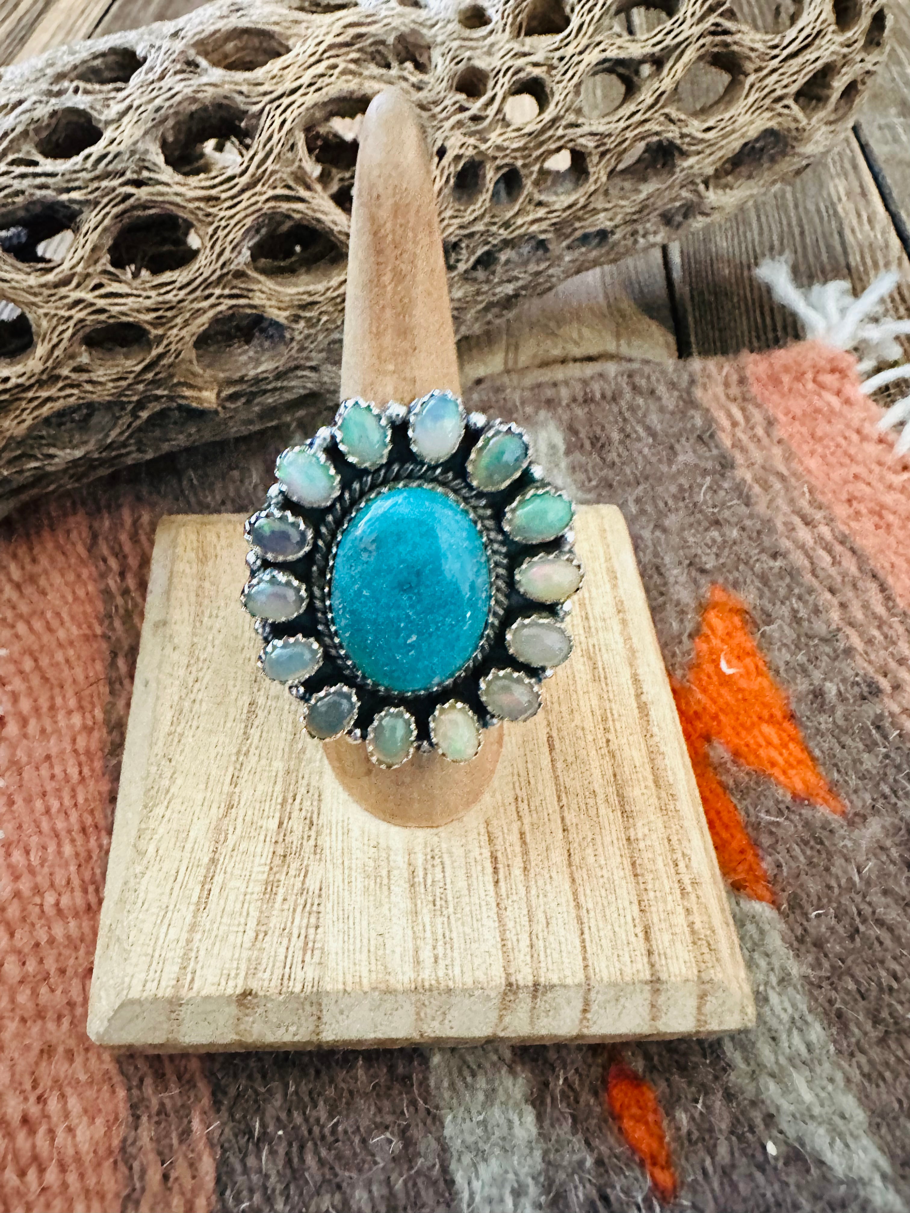 Handmade Sterling Silver Turquoise & Opal Cluster Adjustable Ring