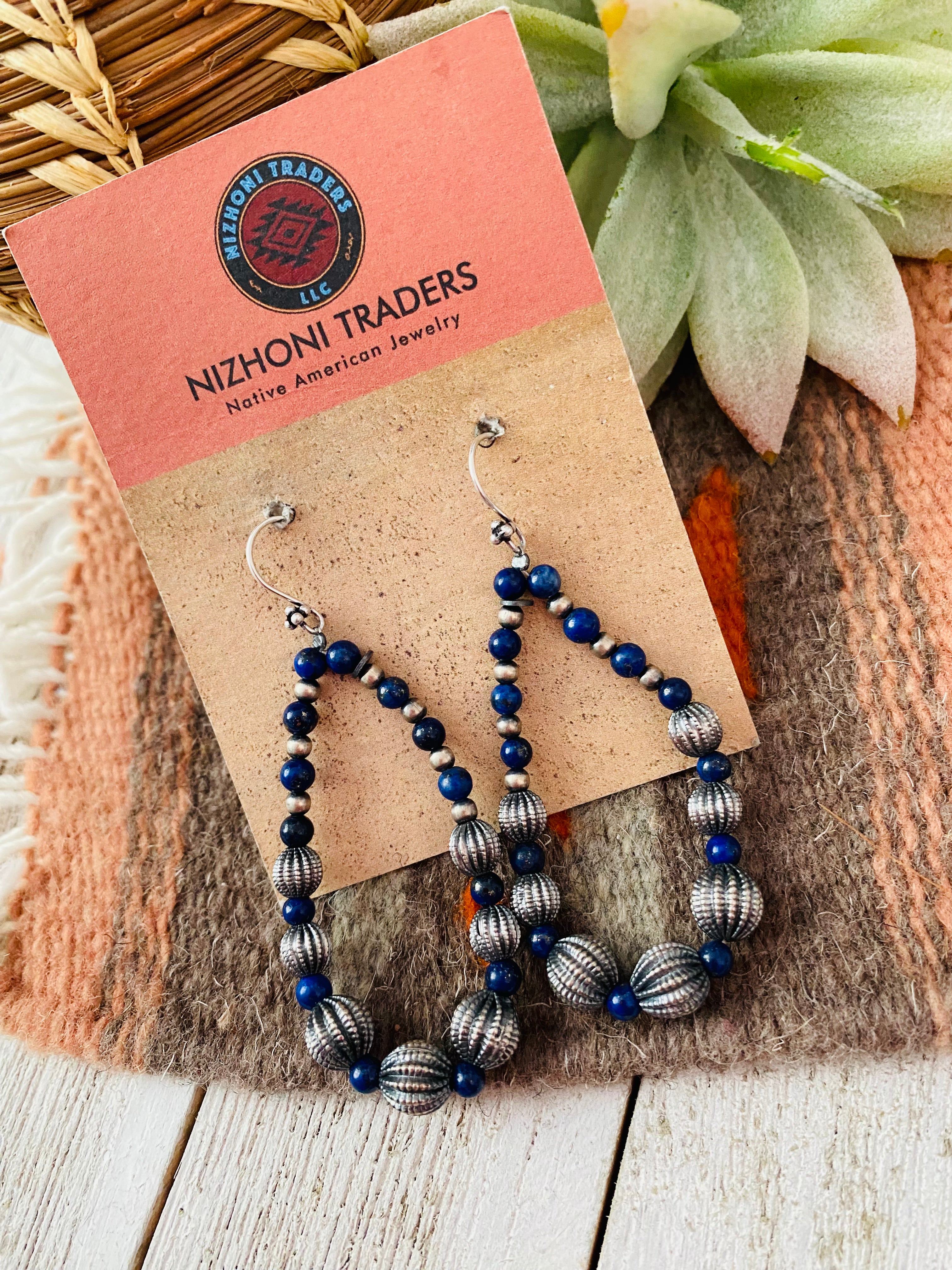 Handmade Lapis And Sterling Silver Beaded Dangle Earrings