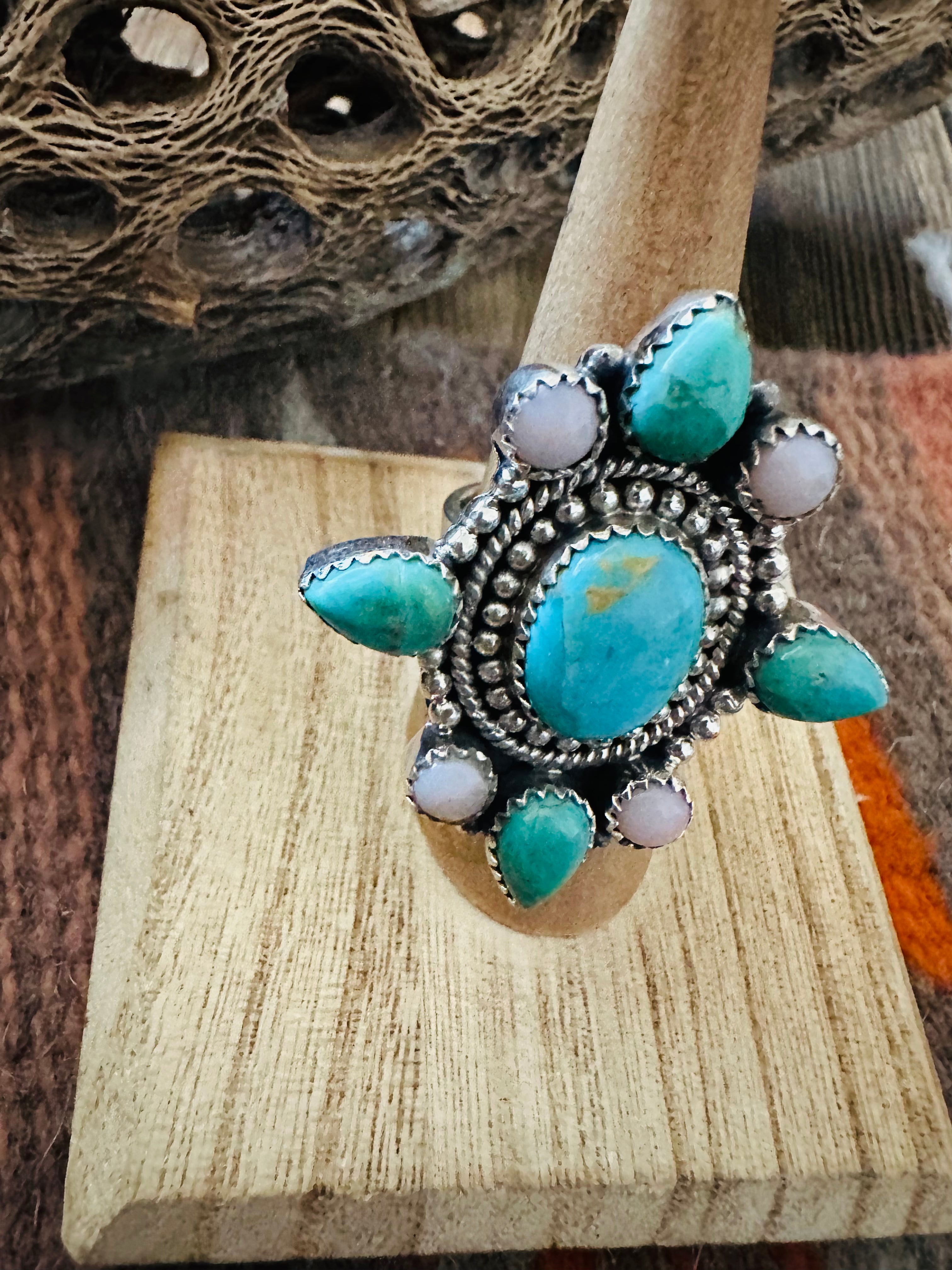 Handmade Sterling Silver, Pink Conch & Turquoise Cluster Adjustable Ring