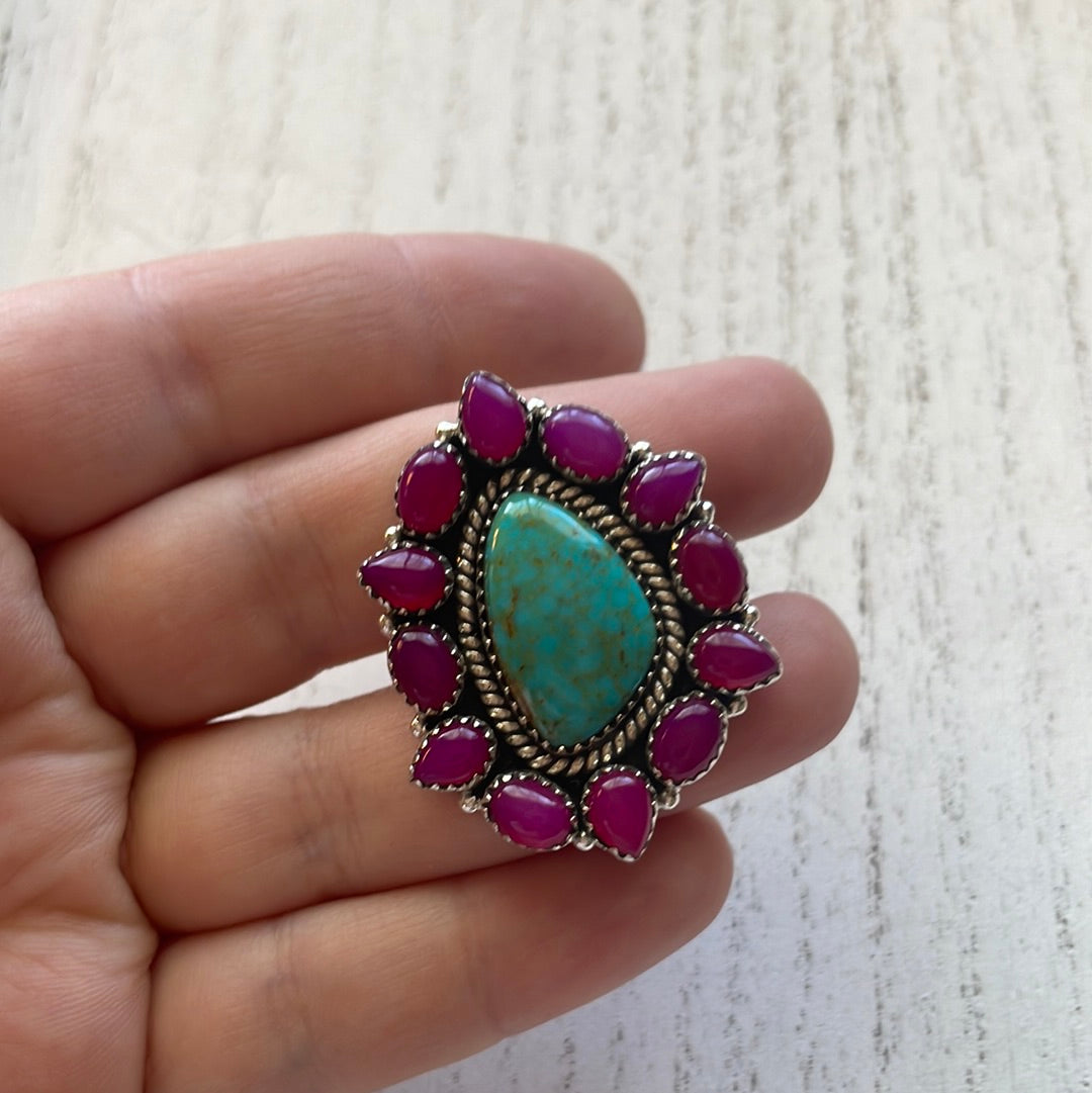 Handmade Pink Onyx & Turquoise Sterling Silver Adjustable Ring Signed Nizhoni