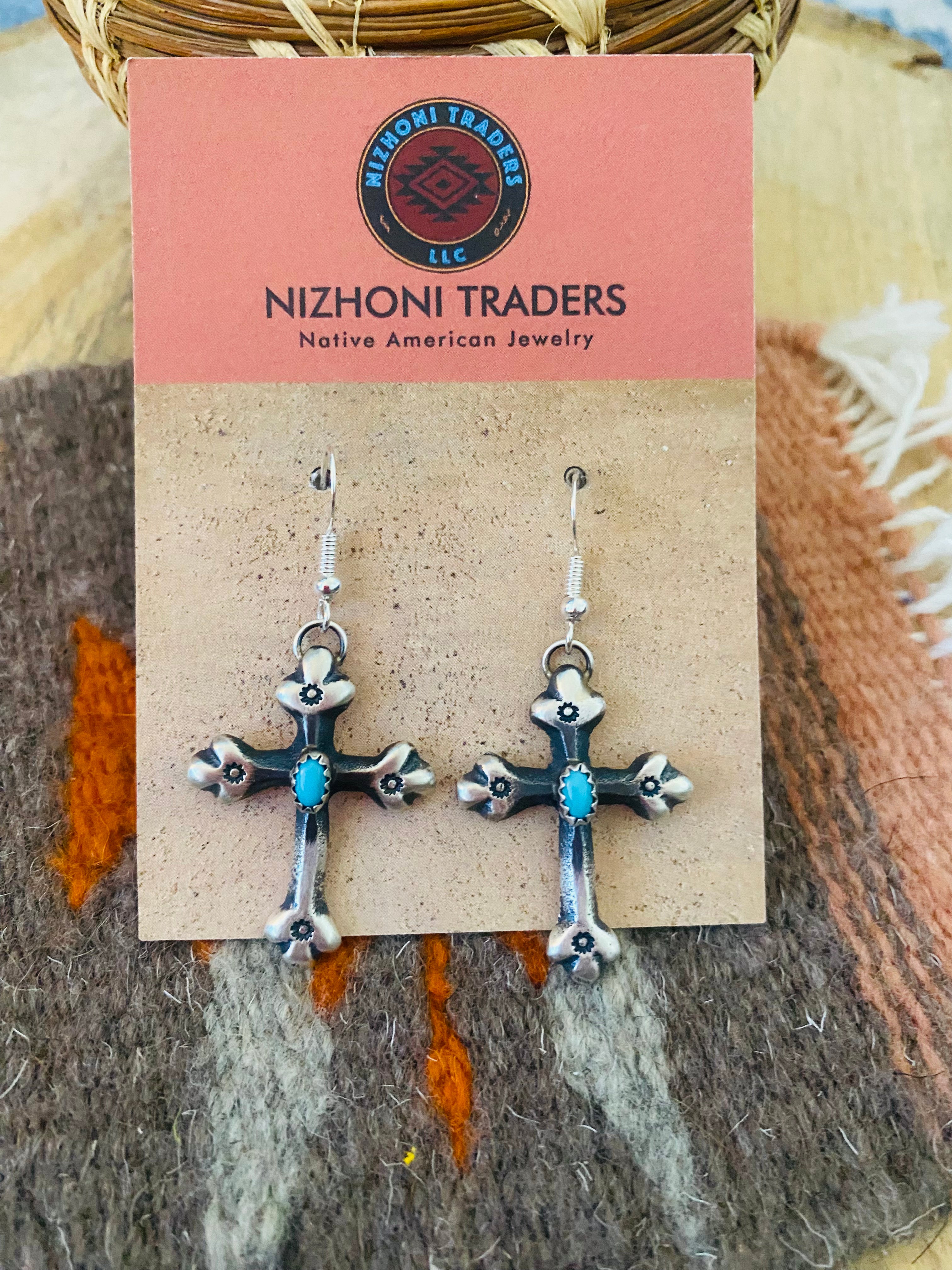 Navajo Sterling Silver & Turquoise Cross Dangle Earrings