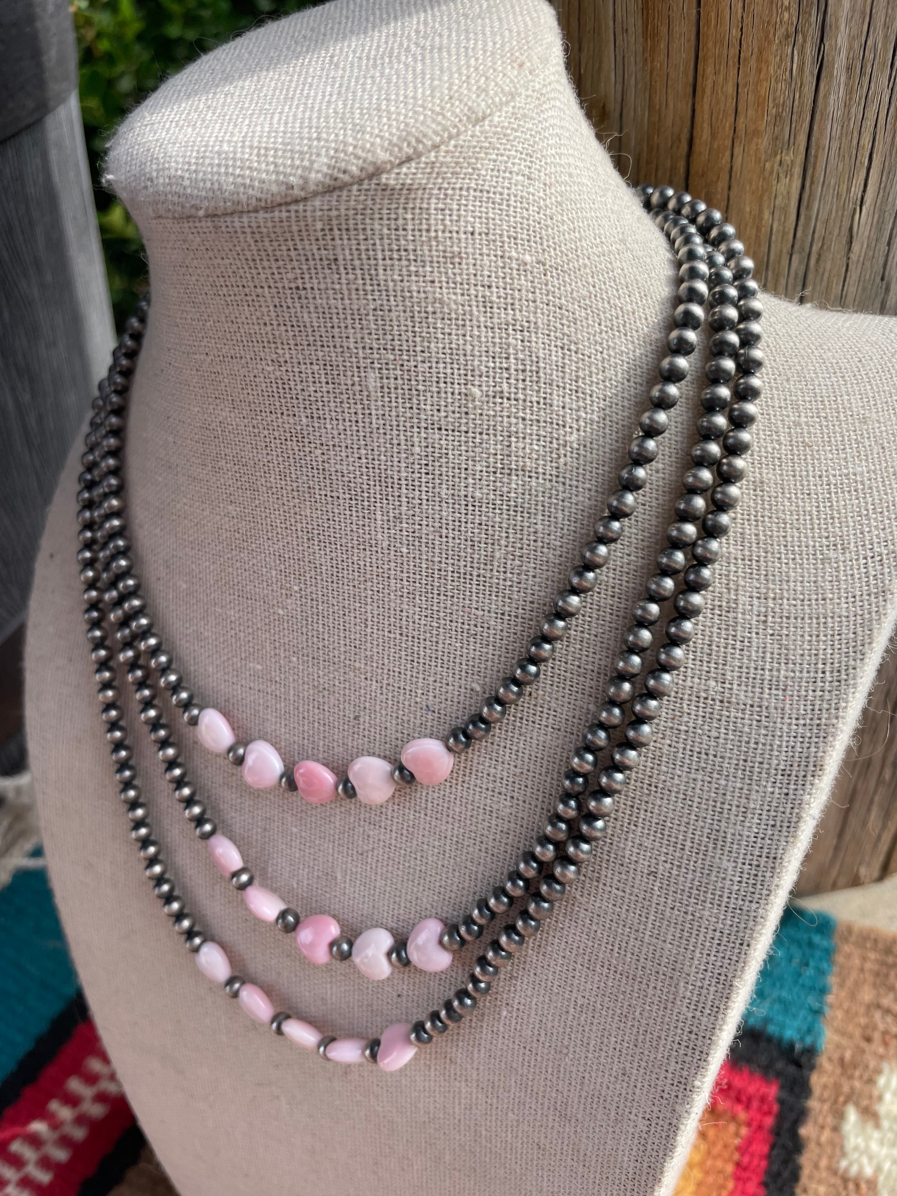 Sterling Silver & Queen Pink Conch Beaded Heart Necklace