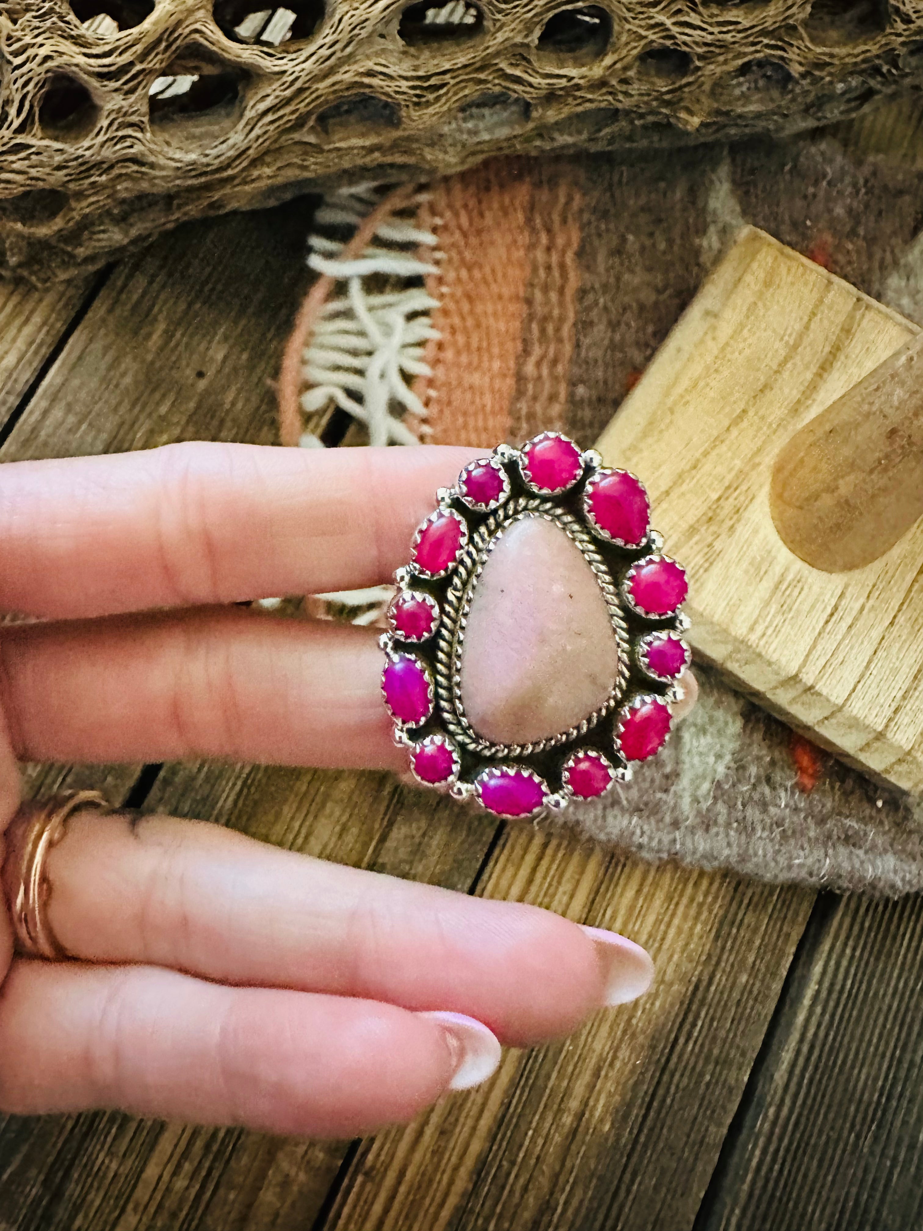 Handmade Sterling Silver, Patalite & Pink Onyx Cluster Adjustable Ring