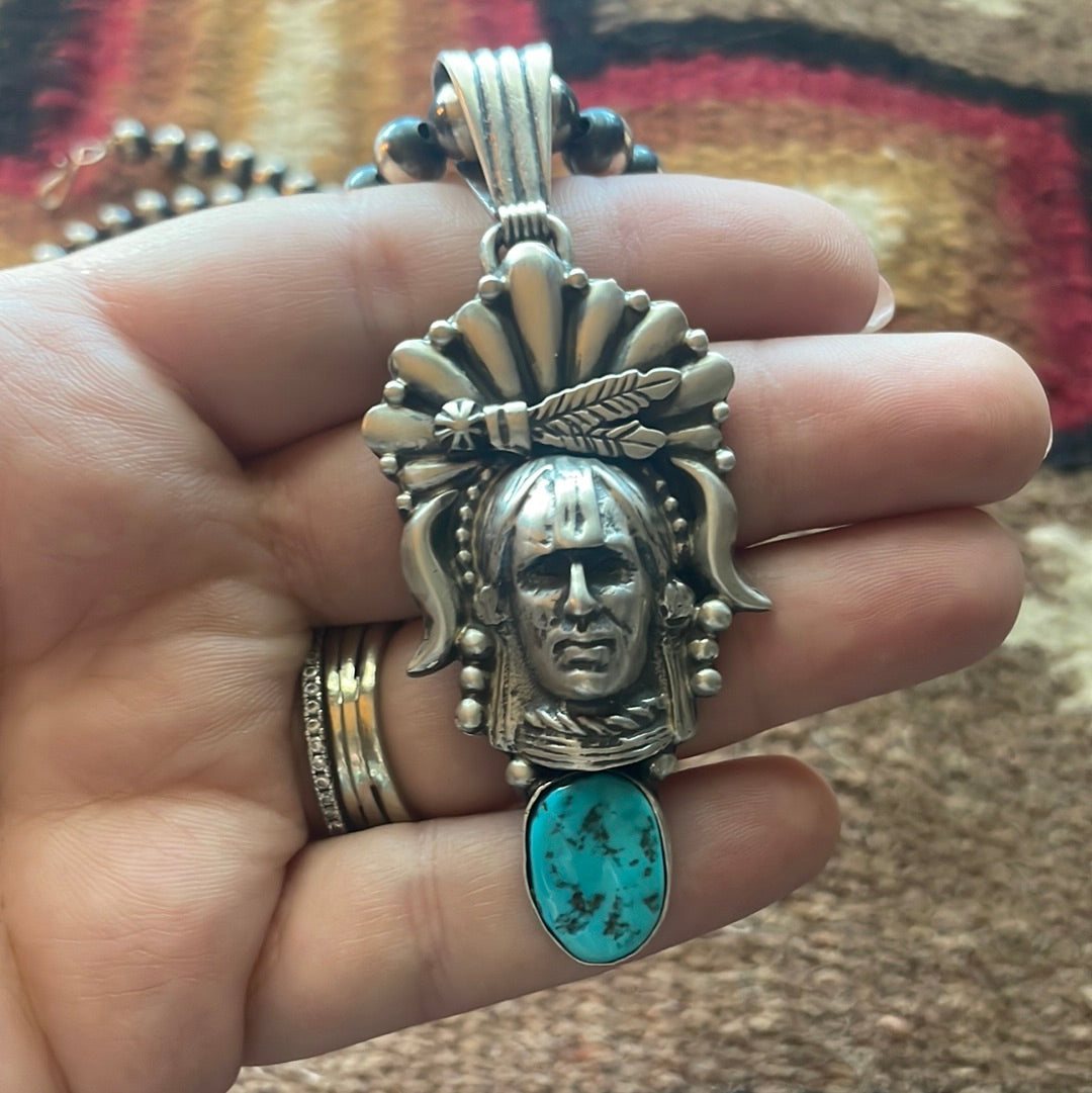 Beautiful Navajo Sterling Silver & Turquoise Chief Pendant Signed Russell Sam