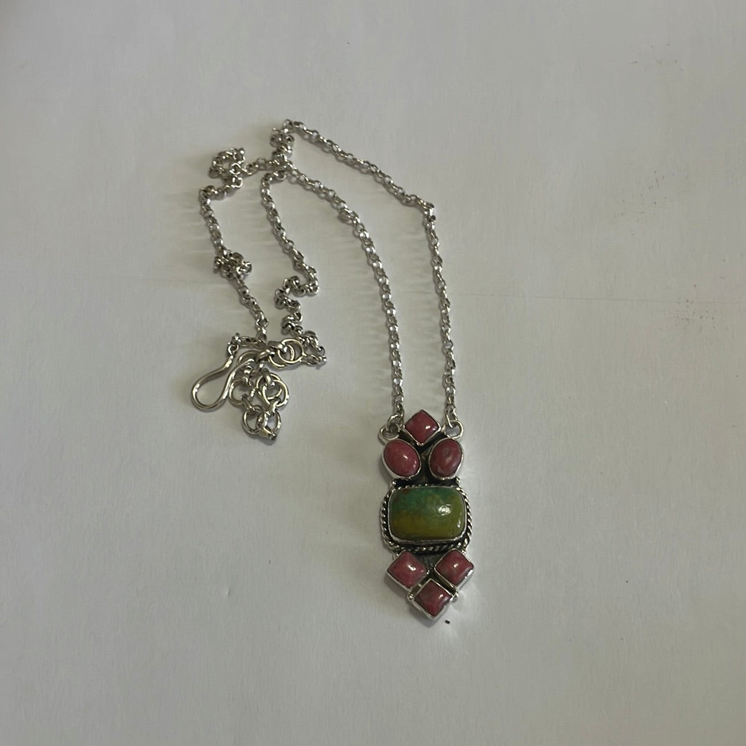 Handmade Sterling Silver, Rhodonite & Turquoise Necklace