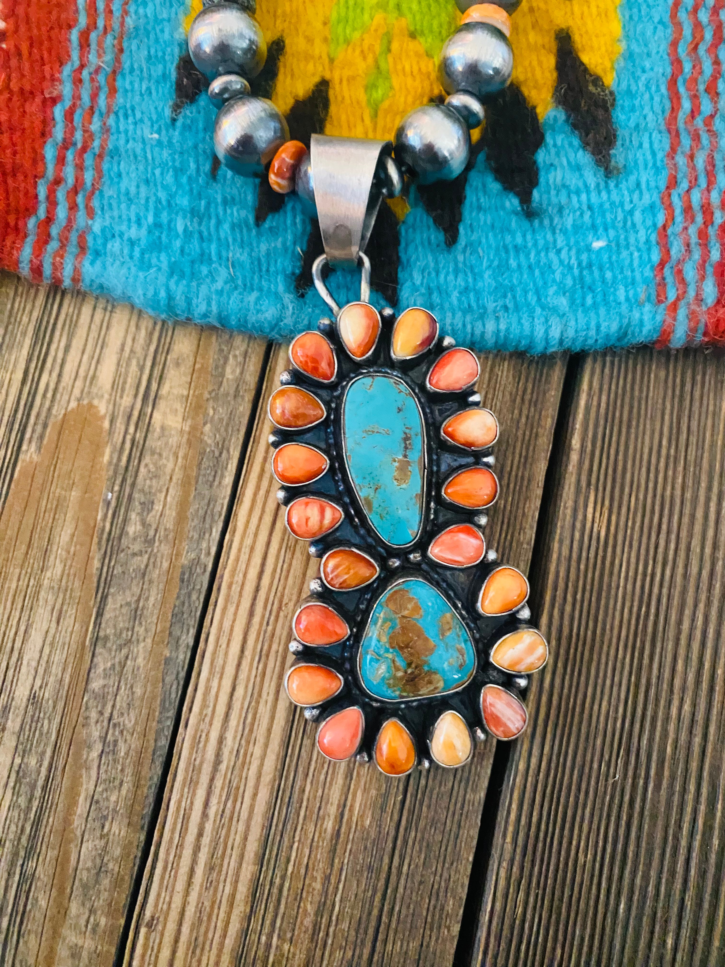 Navajo Sterling Silver, Turquoise & Spiny Beaded Necklace