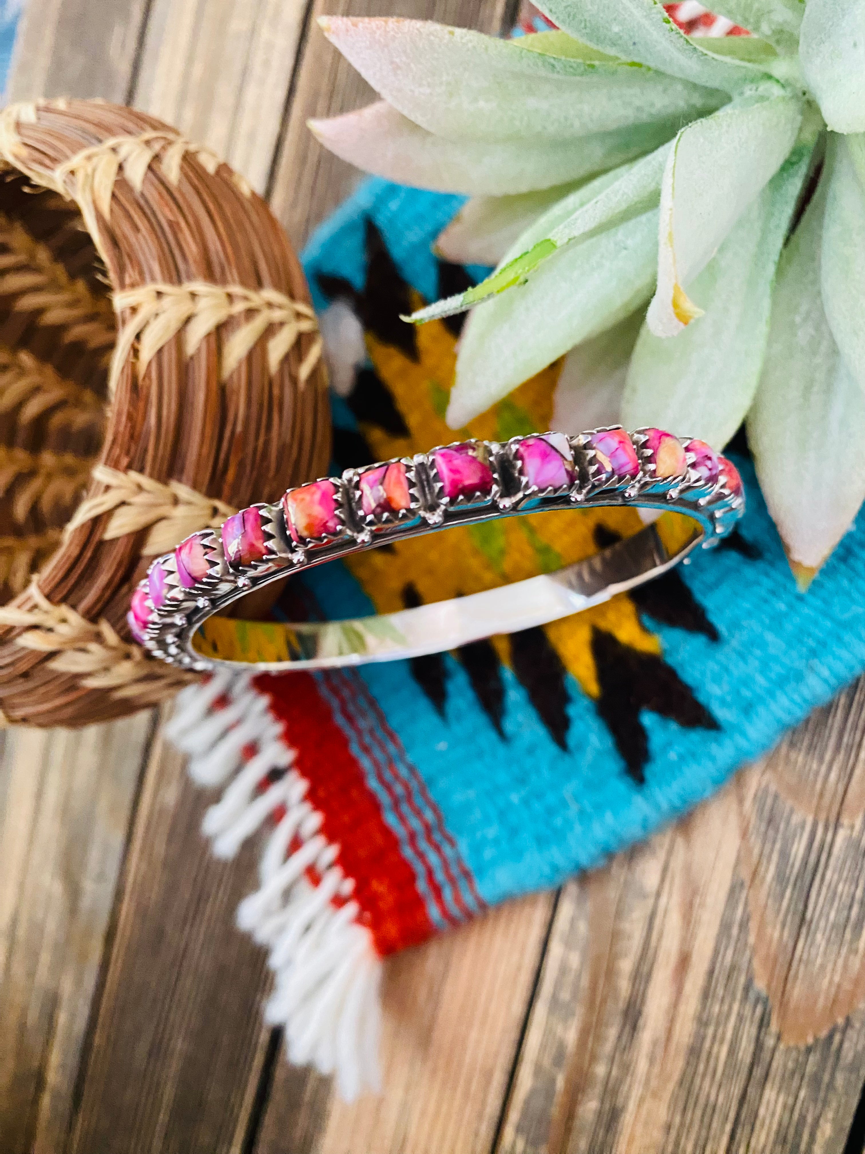 Handmade Pink Dream Mojave & Sterling Silver Bangle Bracelet