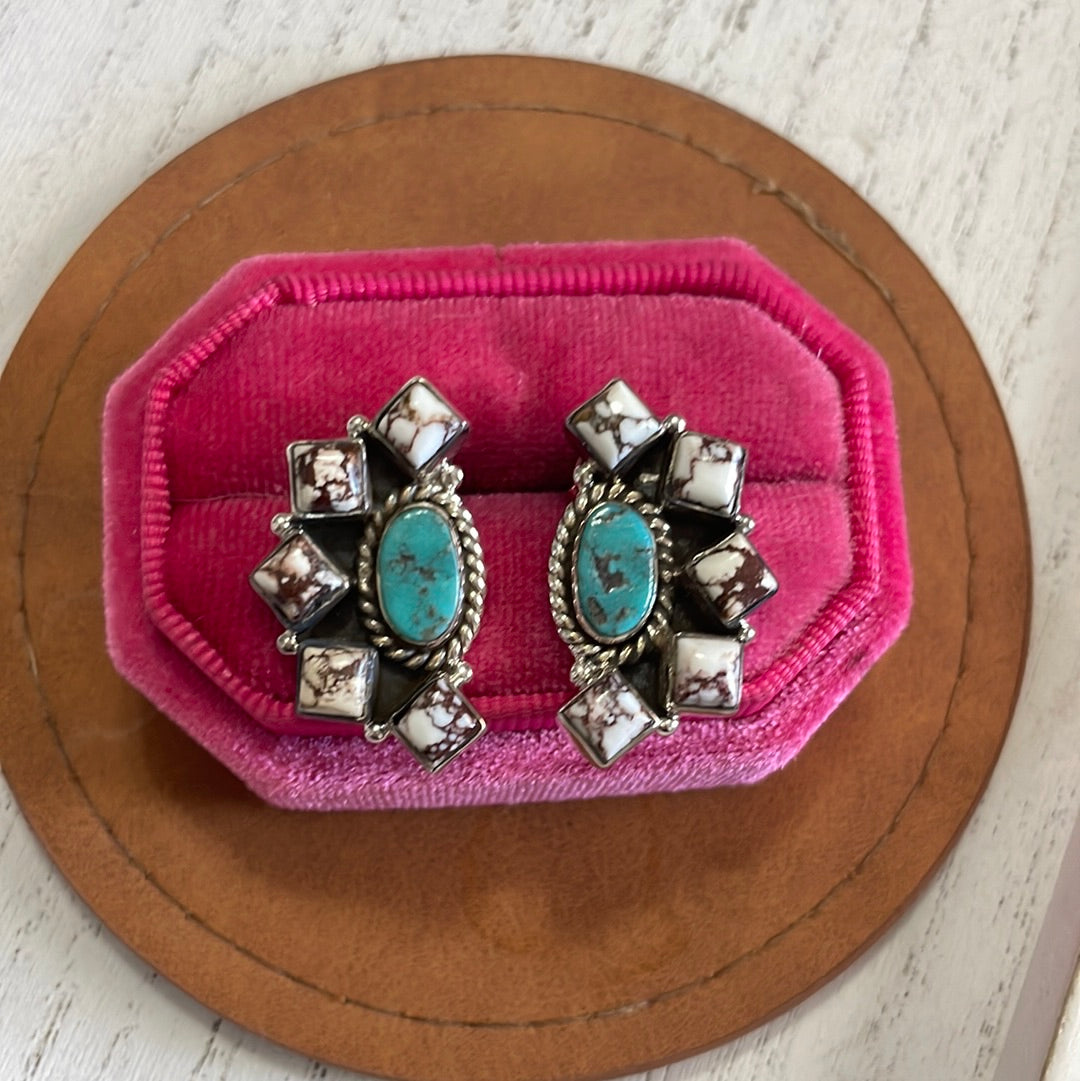 Nizhoni Wild Horse & Turquoise Sterling Silver Cluster Earrings