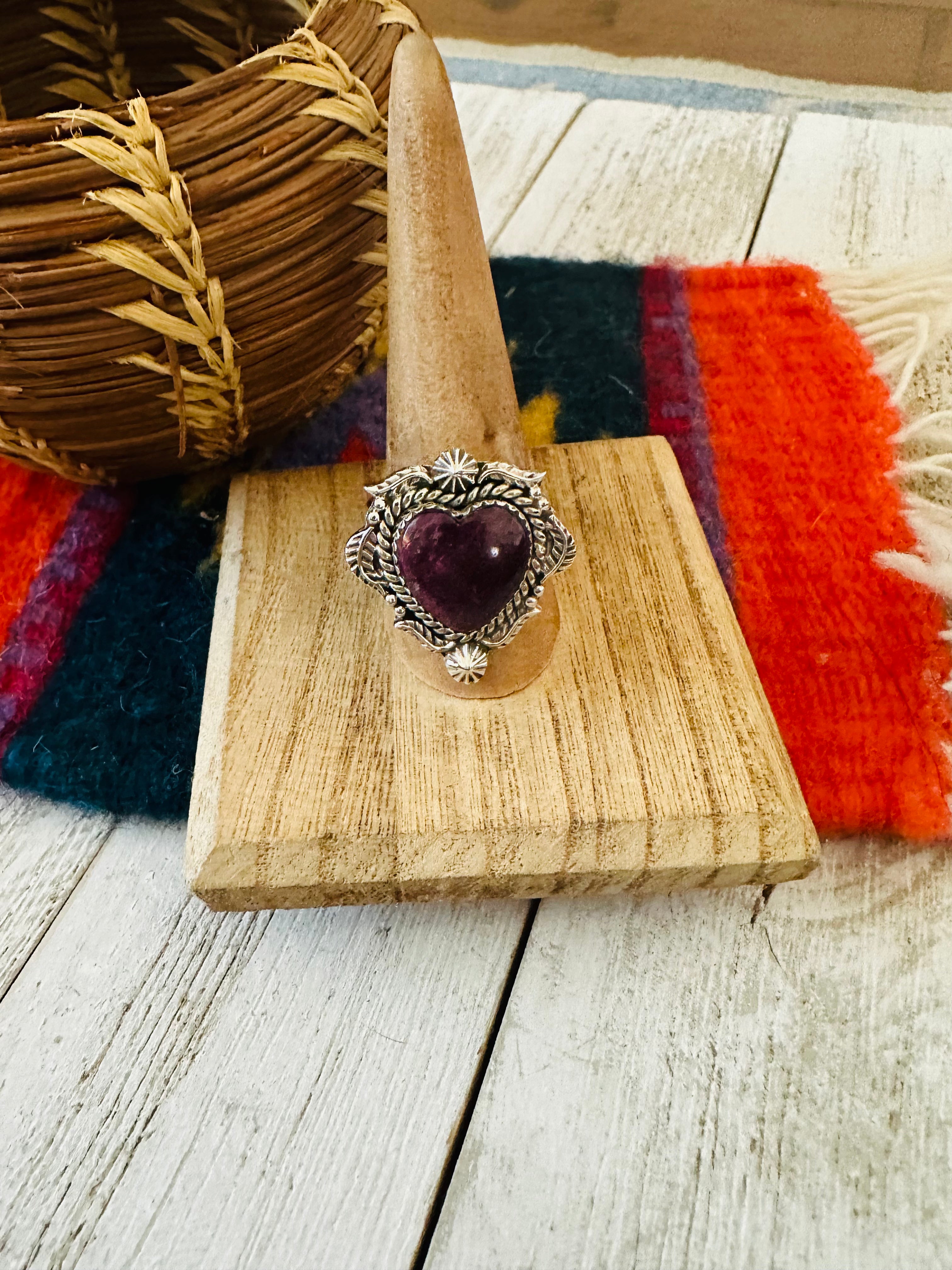 Handmade Sterling Silver & Purple Spiny Heart Adjustable Ring