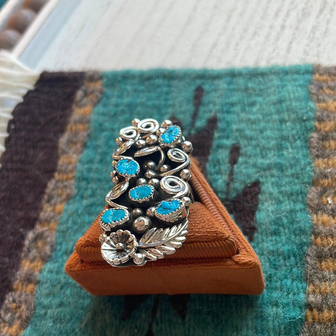 Navajo Sterling Silver & Turquoise Flower Ring Size 11.5