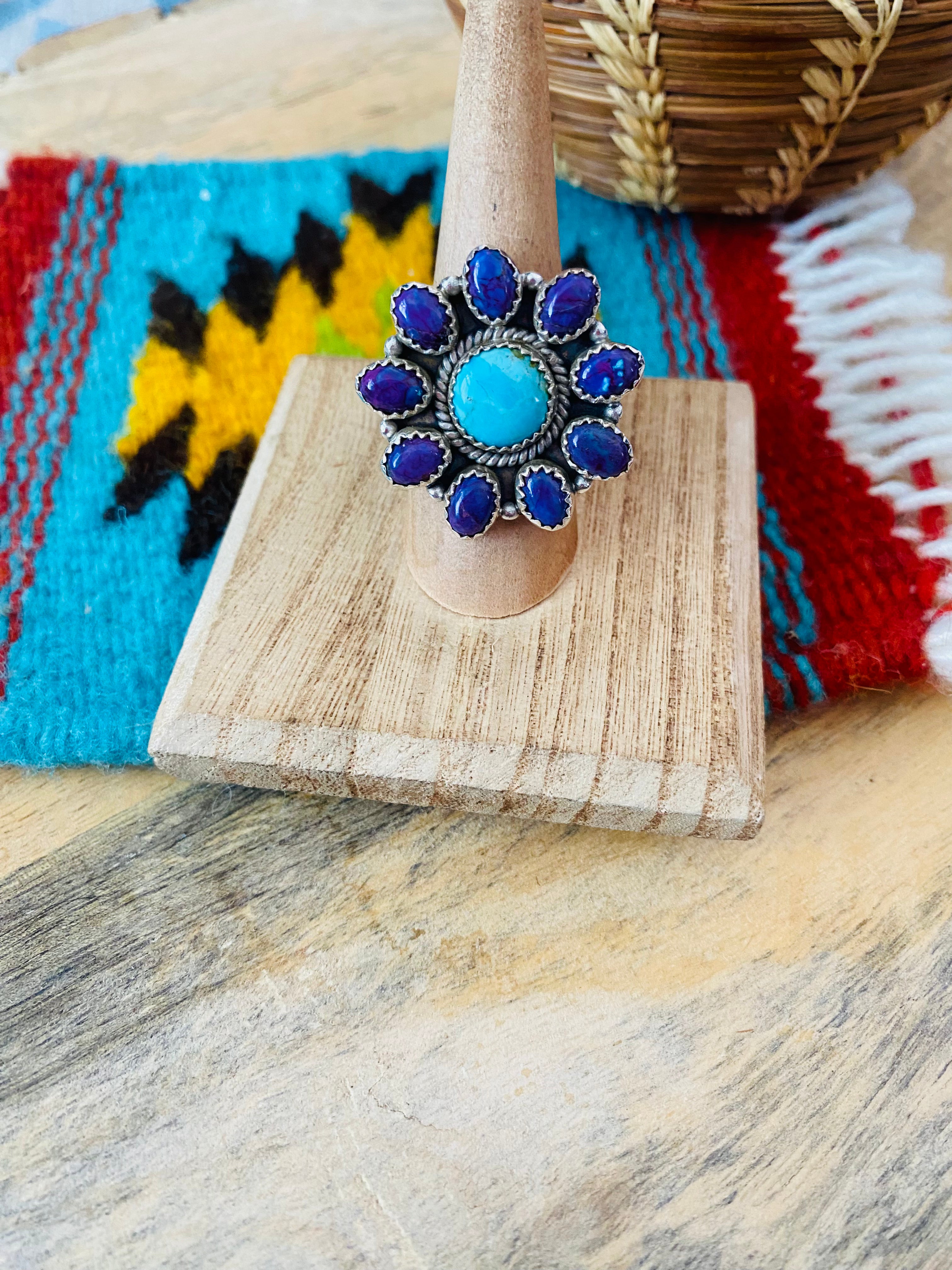 Handmade Sterling Silver, Turquoise & Purple Mojave Cluster Adjustable Ring