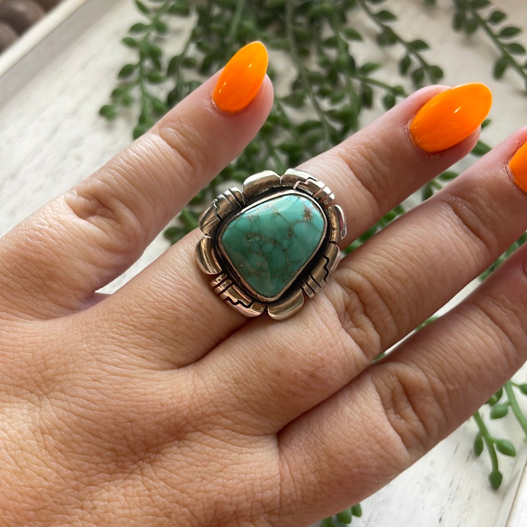 Navajo Large Single Stone Turquoise Sterling Silver Ring Signed