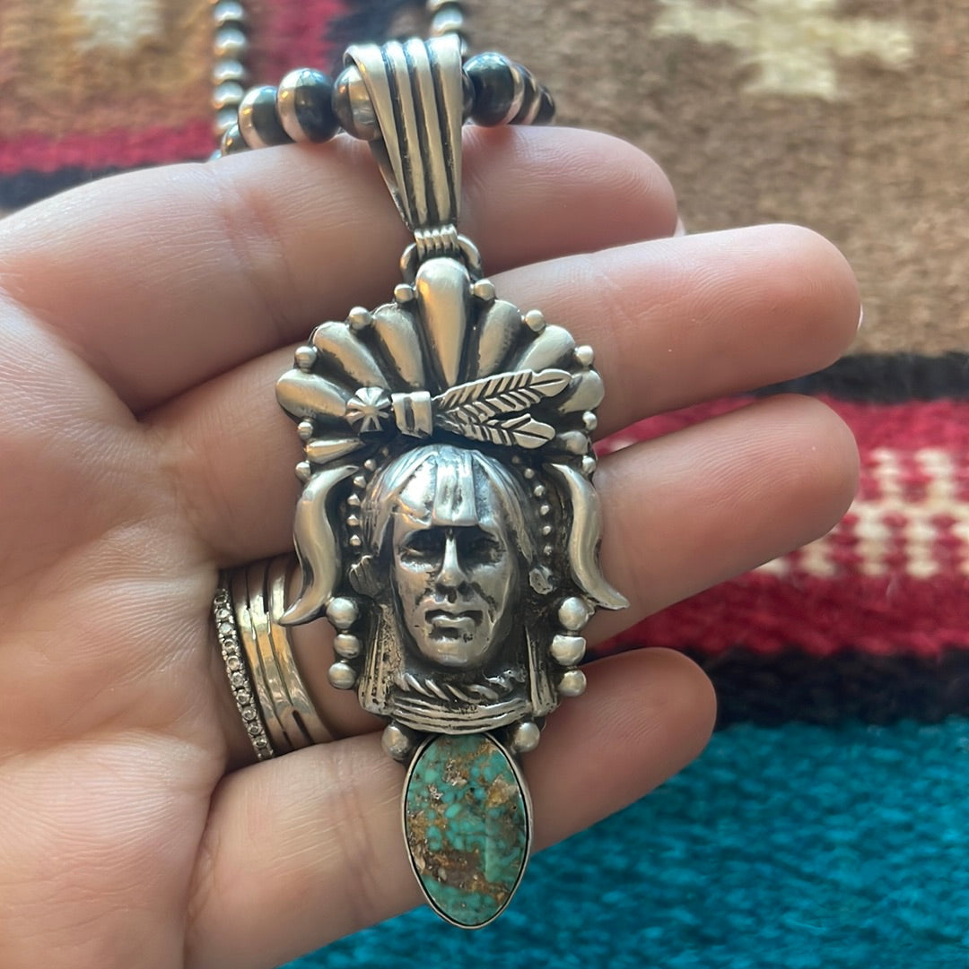 Beautiful Navajo Sterling Silver & Turquoise Chief Pendant Signed Russell Sam