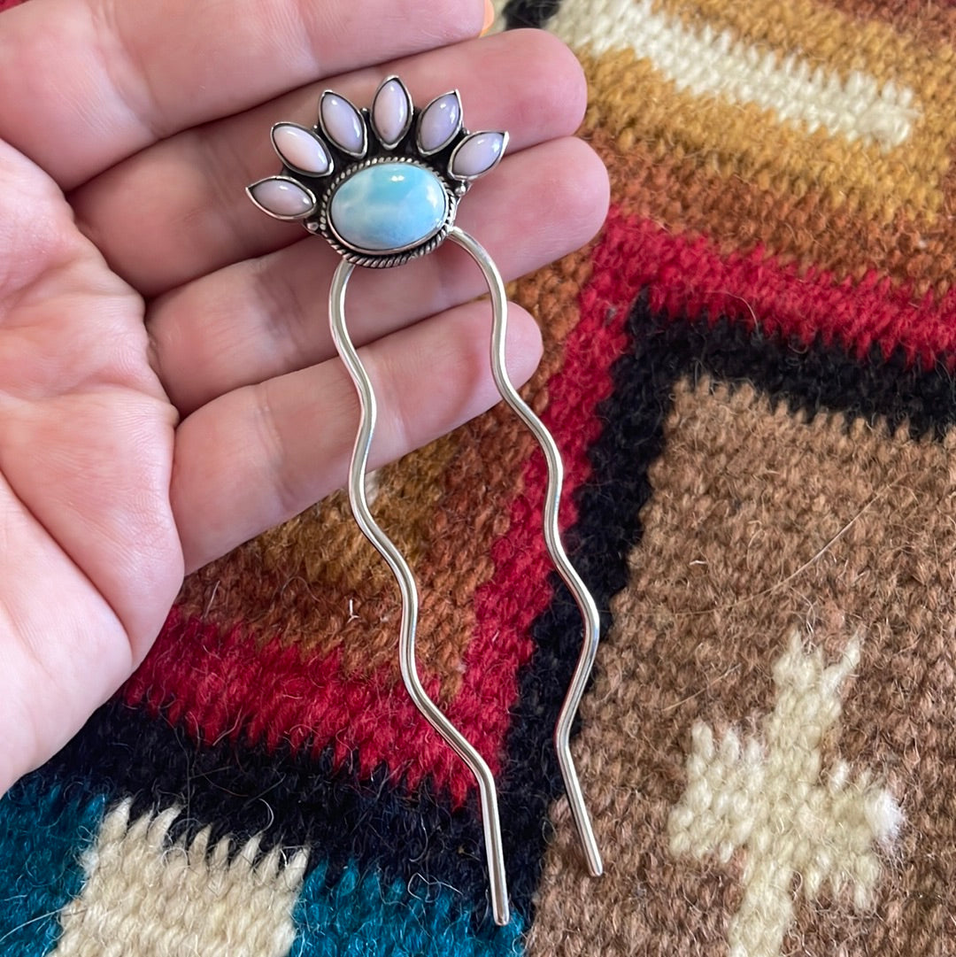 Handmade Larimar, Pink Conch & Sterling Silver Hair Pin