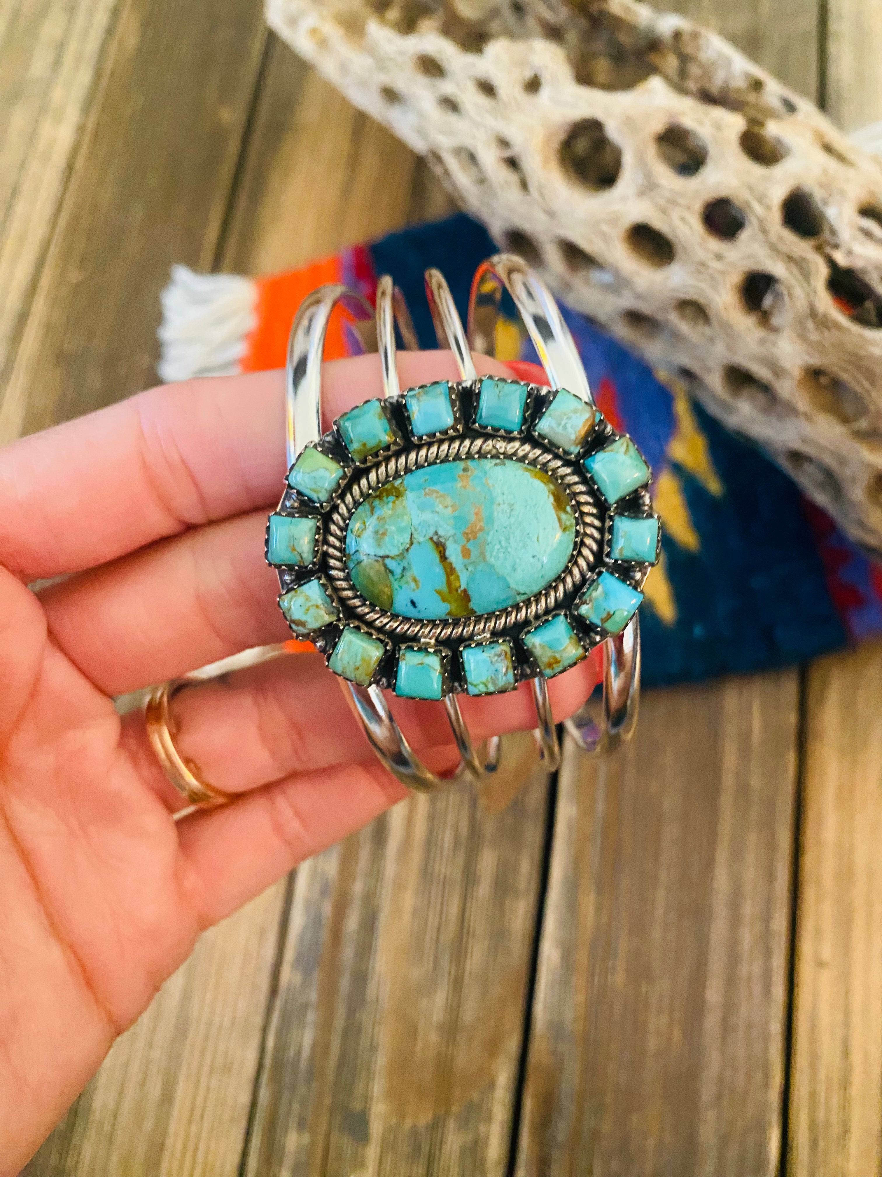 Handmade Sterling Silver & Royston Turquoise Cluster Cuff Bracelet