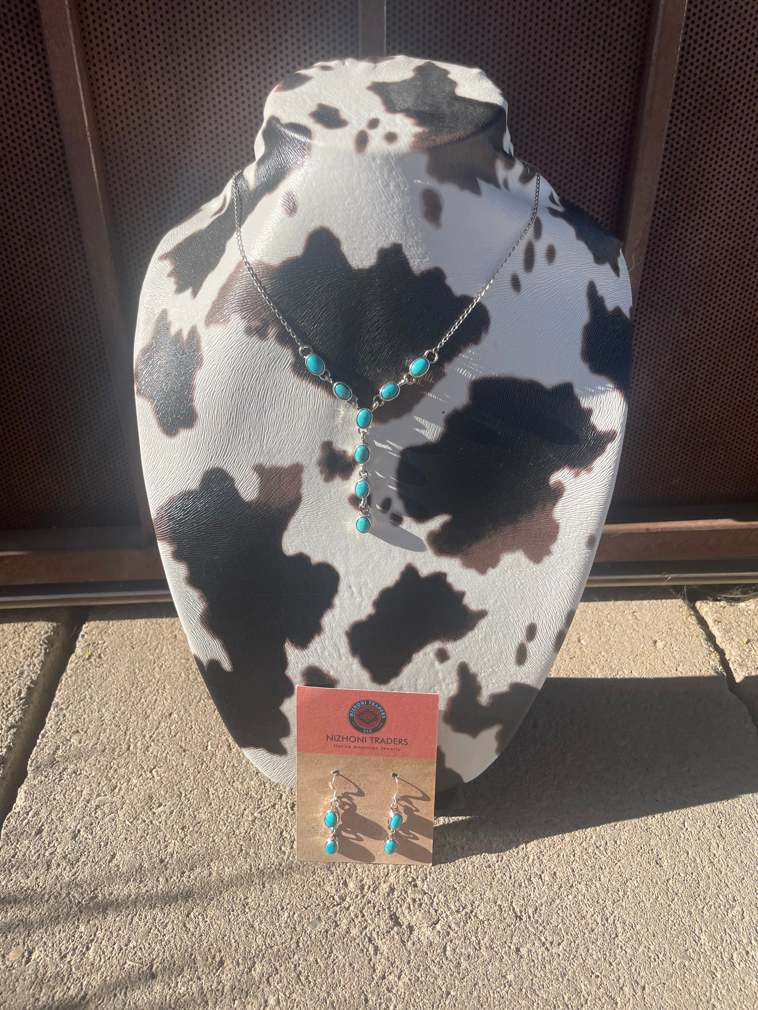 Navajo Sterling And Turquoise Drop Necklace And Earrings Set