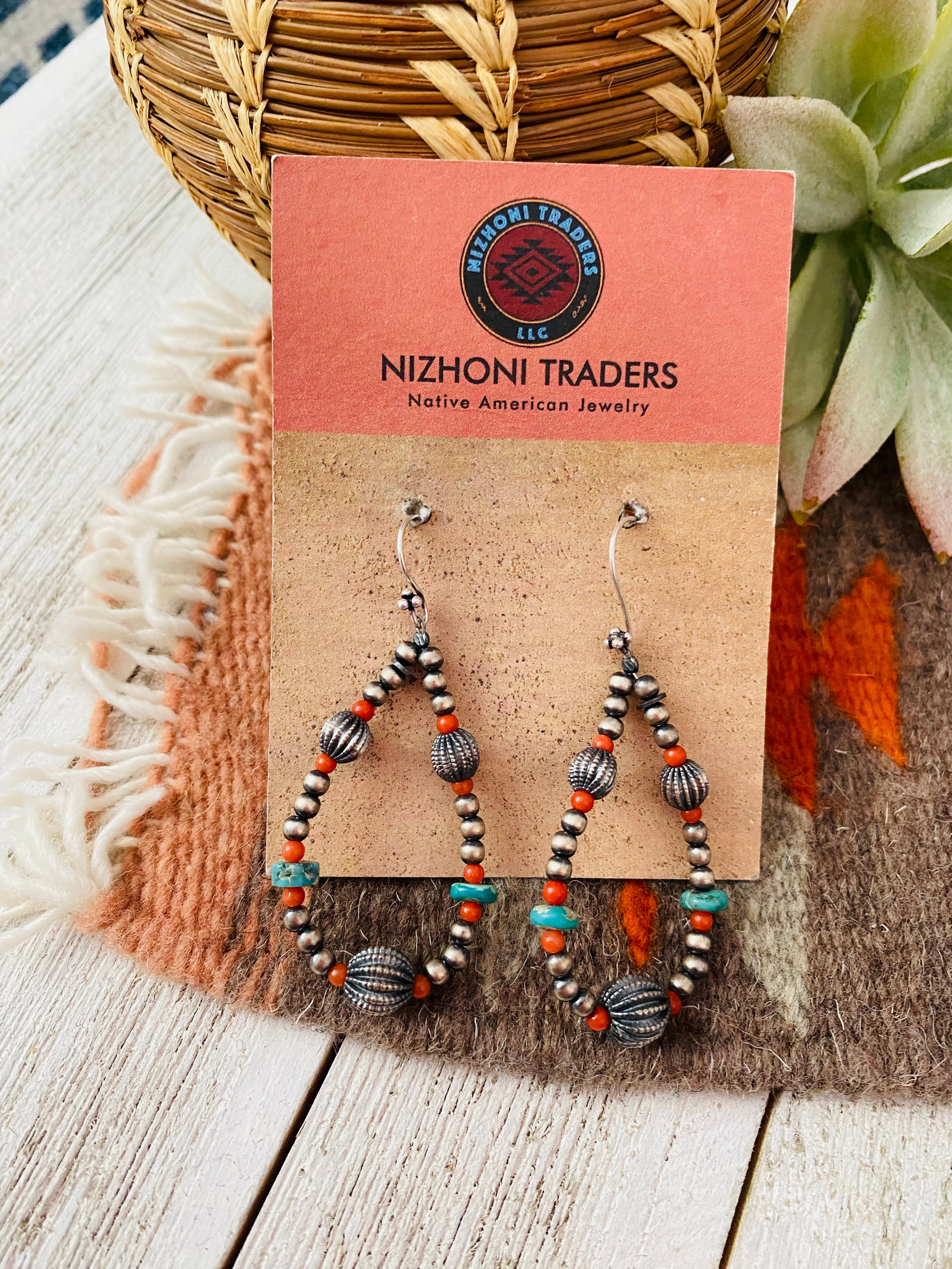 Handmade Coral, Turquoise And Sterling Silver Beaded Dangle Earrings