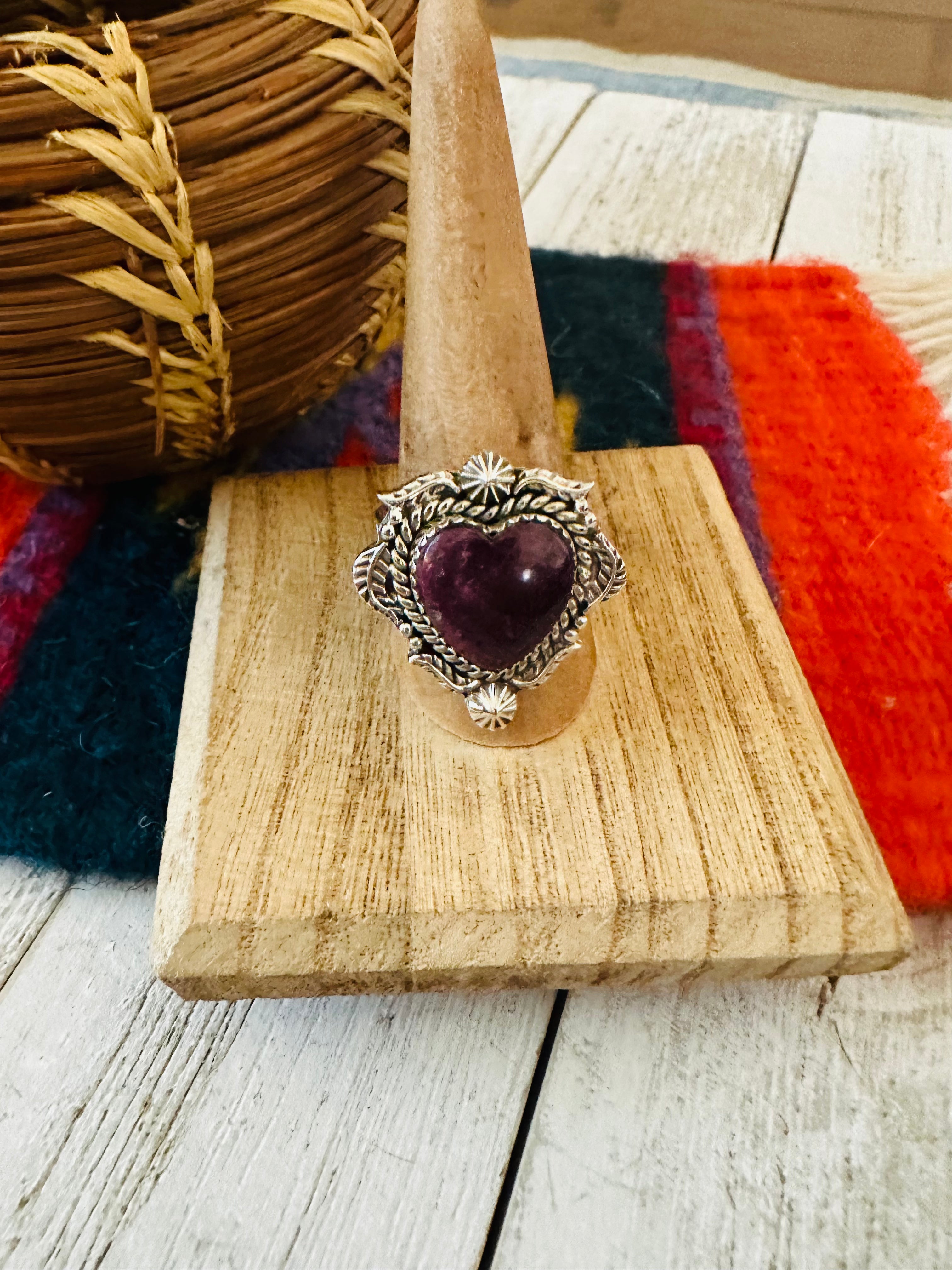 Handmade Sterling Silver & Purple Spiny Heart Adjustable Ring